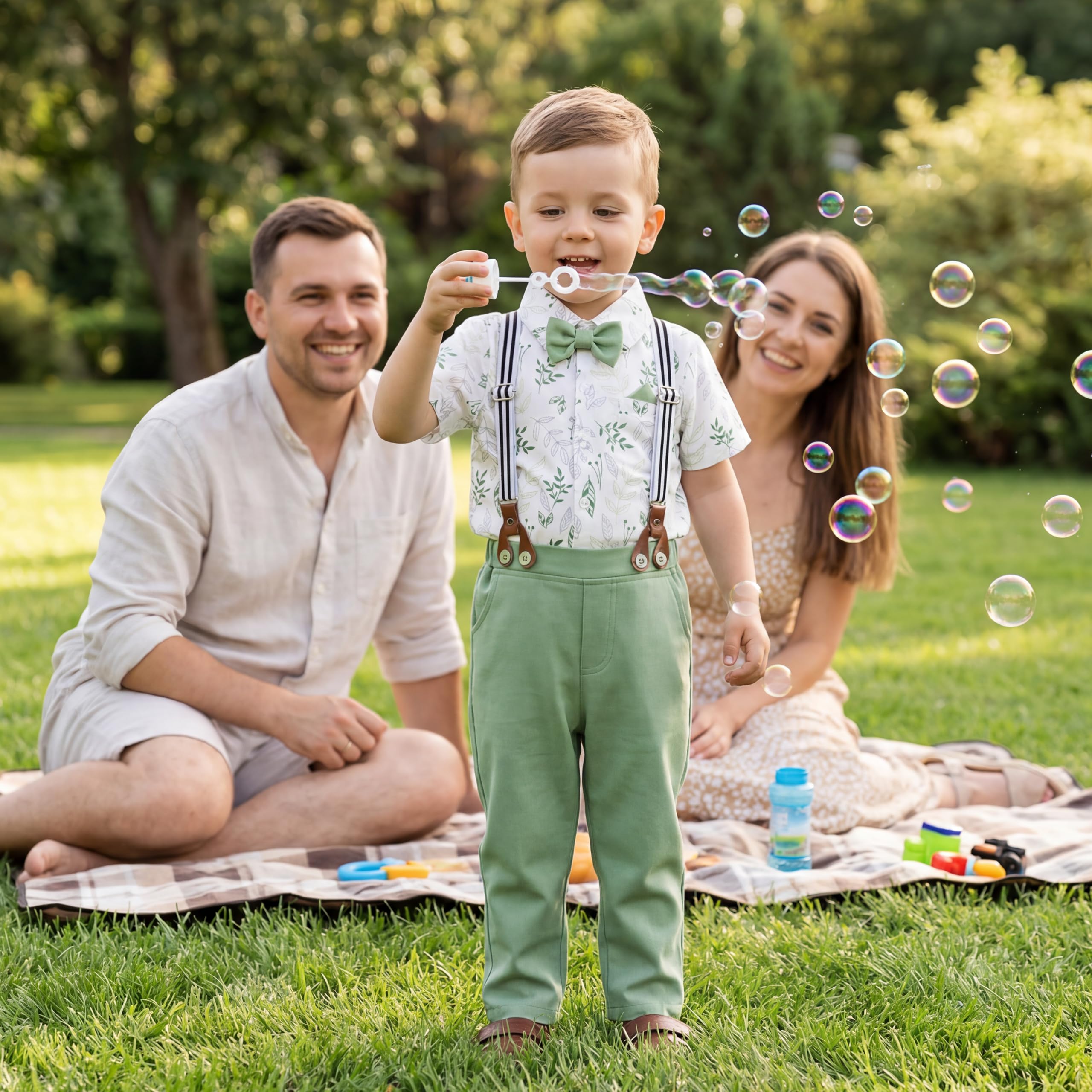 Volunboy Baby Jungen Gentleman Anzug, Formeller Kurzarmstrampler mit Hosenträgerhose, Baskenmütze & Fliege, Hochzeitsgesellschafts-Outfit