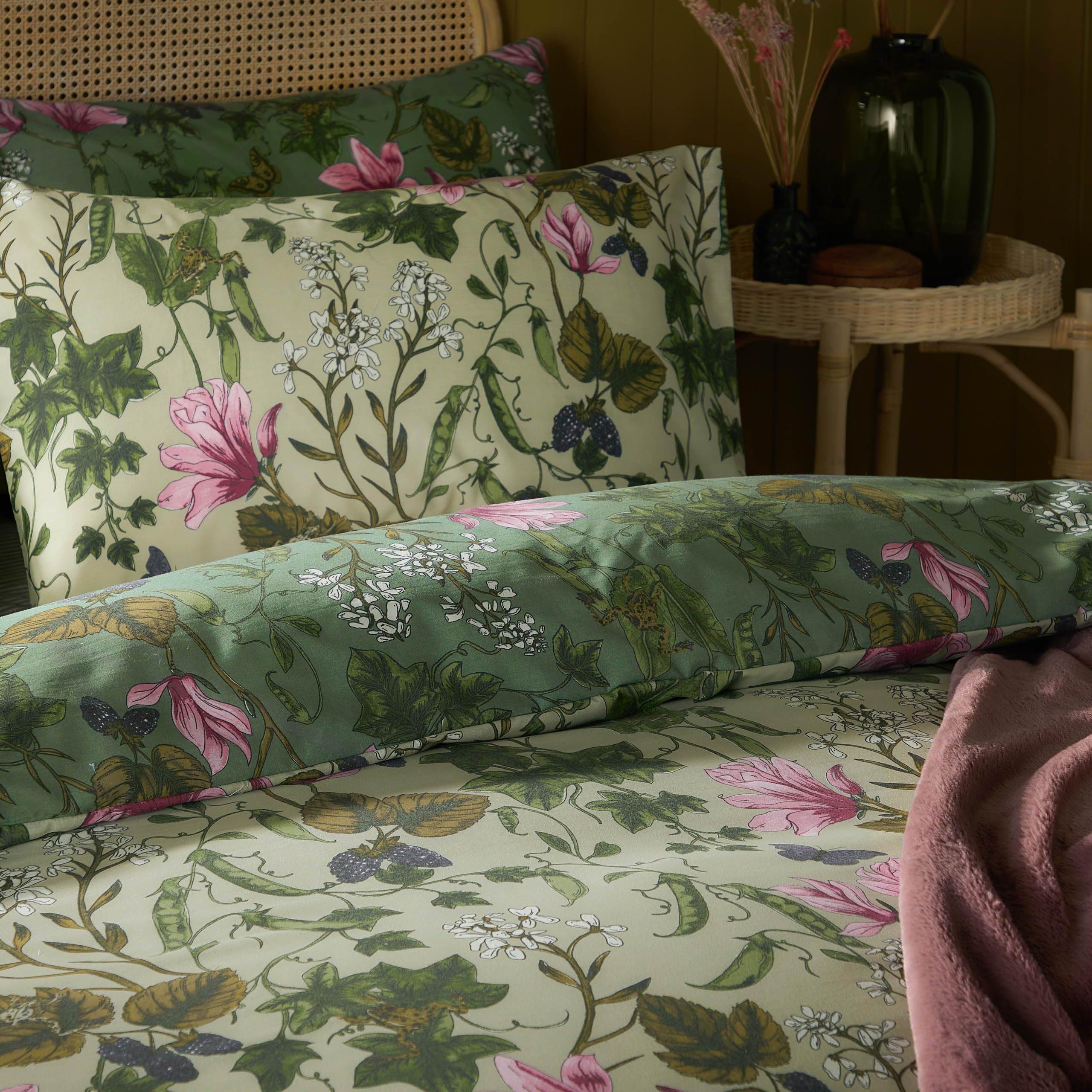 furn. Mystic Berry Set Copripiumino – Reversibile Motivo Floreale Botanico Frutta (Verde – Singolo – 137x200cm)
