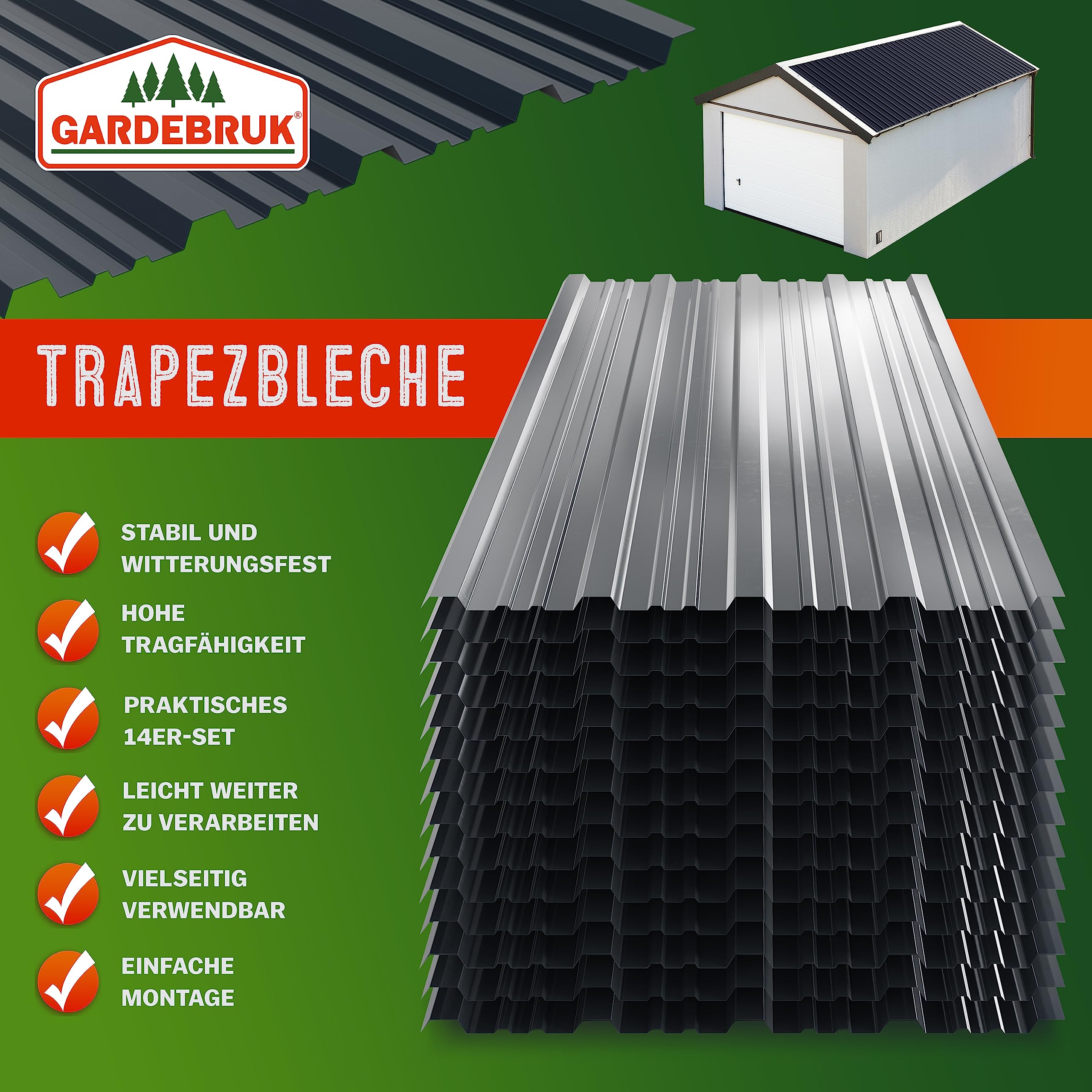 GARDEBRUK® 14x Trapezblech 110x46cm = 7m² Verzinkt Rostresistent Wetterfest Profilblech Dachblech Wellblech Dachplatten Gerätehaus Carport Anthrazit