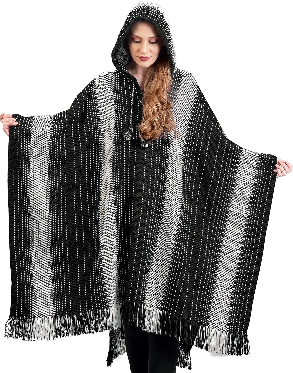 Alpaca Hooded Poncho for Women- Hippie Cloak Cape with Hood - WomensTraditional Serape Knitted with Alpaca Wool