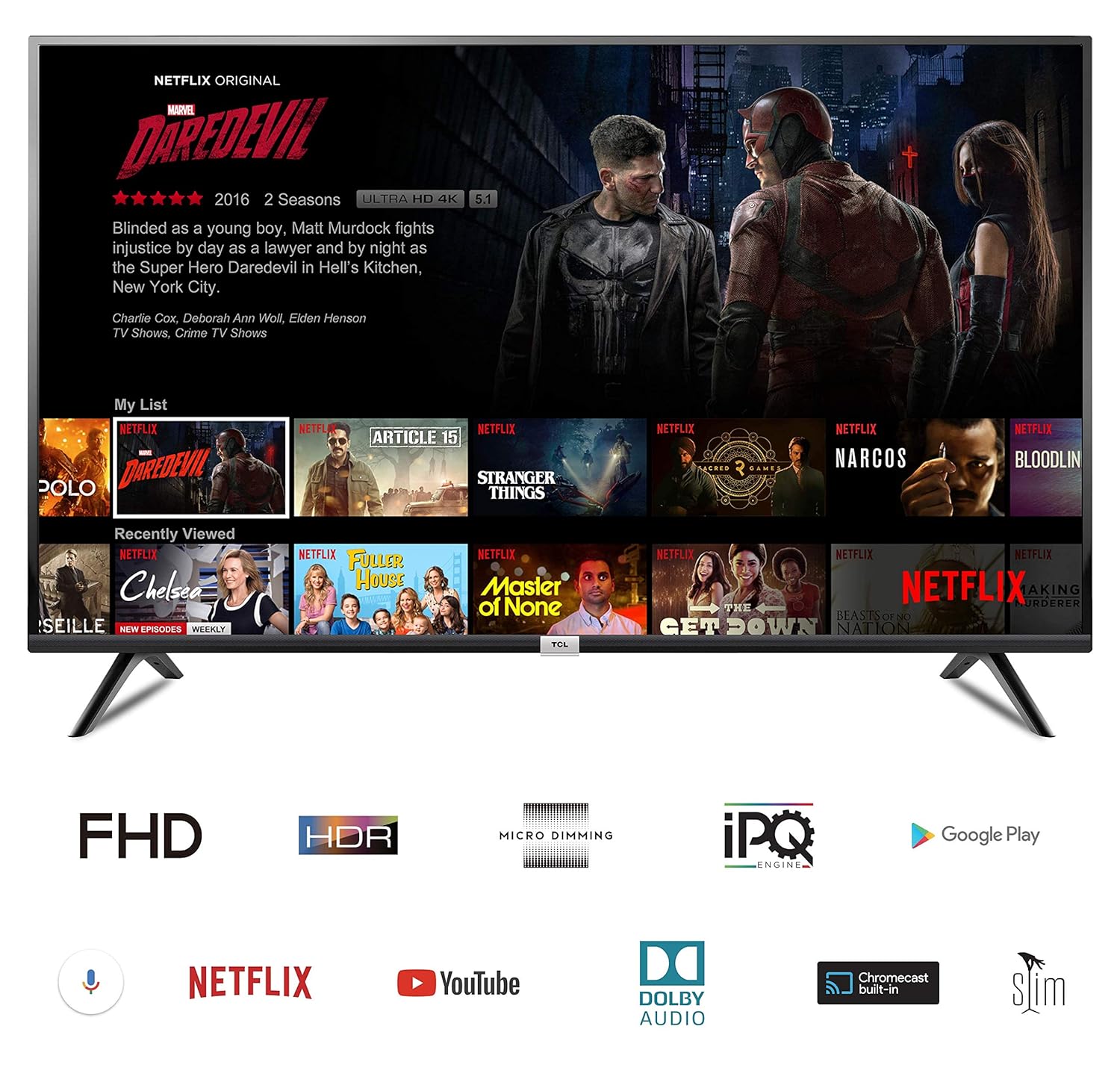 TCL 43P30FS Smart TV with Android interface and feature icons