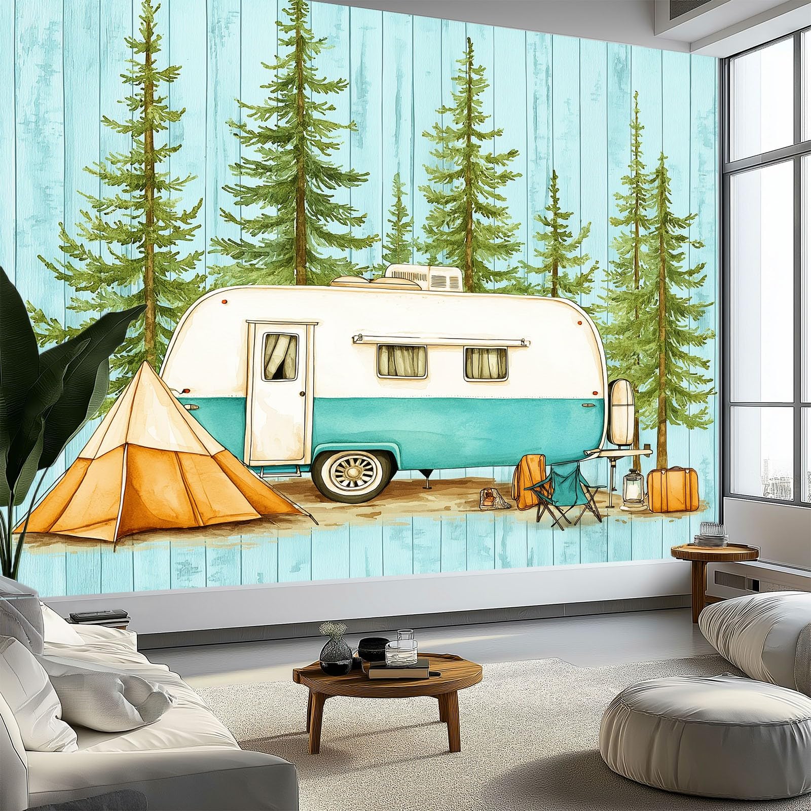 Papier peint panoramique poster geant mural camping-car retro bleu clair 300x210 cm