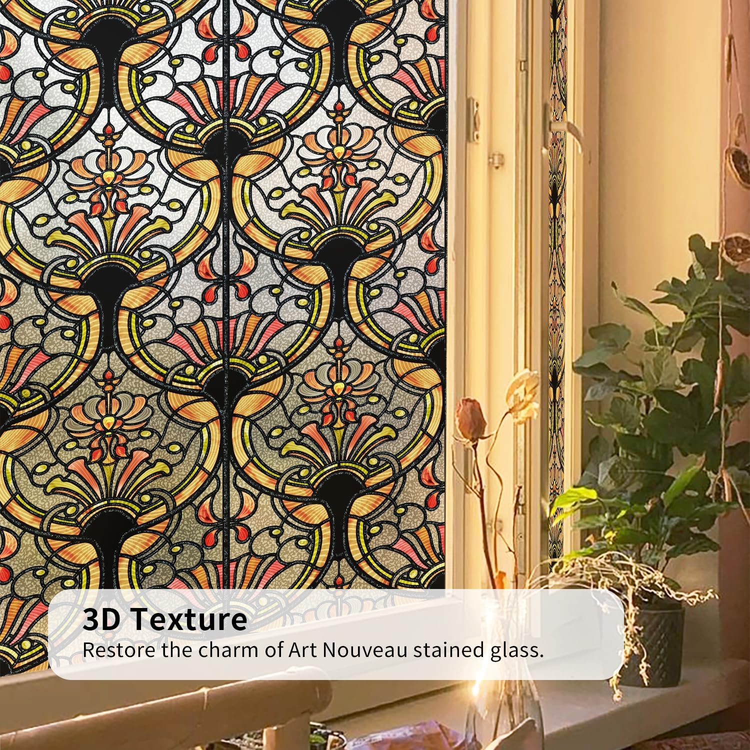3D Vintage Stained Glass Window Film with Tools, Decorative Window Privacy Film for Room/Door/Home Decor, Amber Tracery, 16.93"X78.74"(43X200CM)