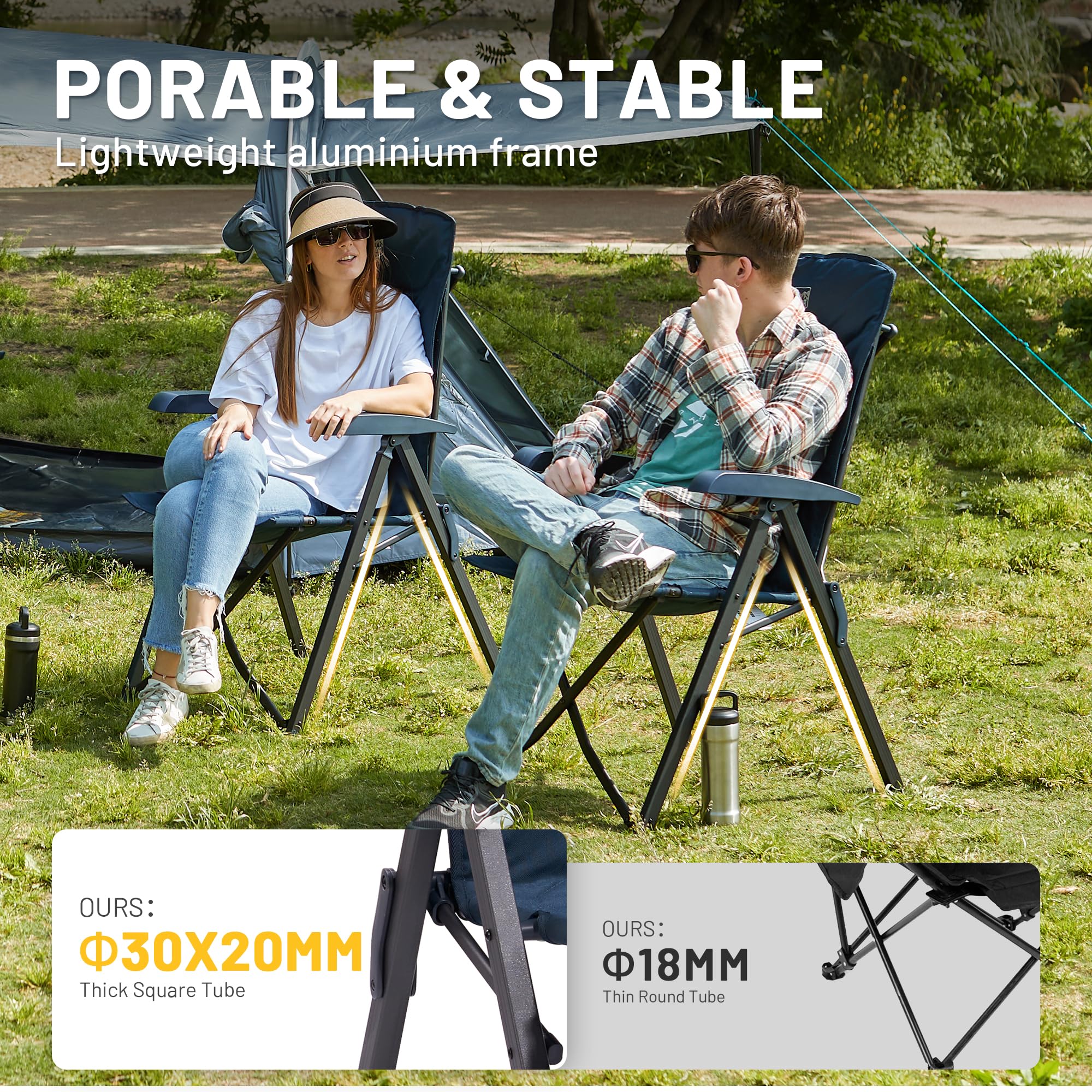 TIMBER RIDGE 2 sillas de camping plegables con respaldo alto, tamaño pequeño, 150 kg, con 4 posiciones ajustables, con bolsa, para jardín, balcón, caravana, azul