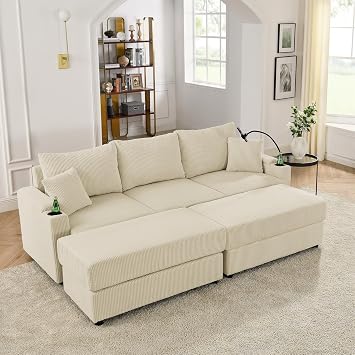 Modern Sofa Bed with Storage, with 2 Ottomans, Deep Seat Sofa with Cup Holders Phone Holder, Beige Corduroy Couch for Living Room