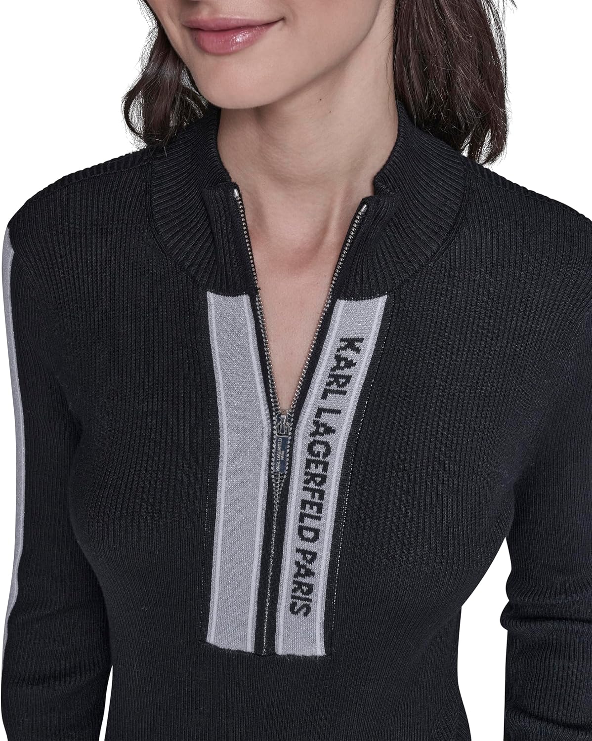 Karl Lagerfeld Womens Long Sleeve Mock Neck Logo Tape Zip Up Sweater - Image 5