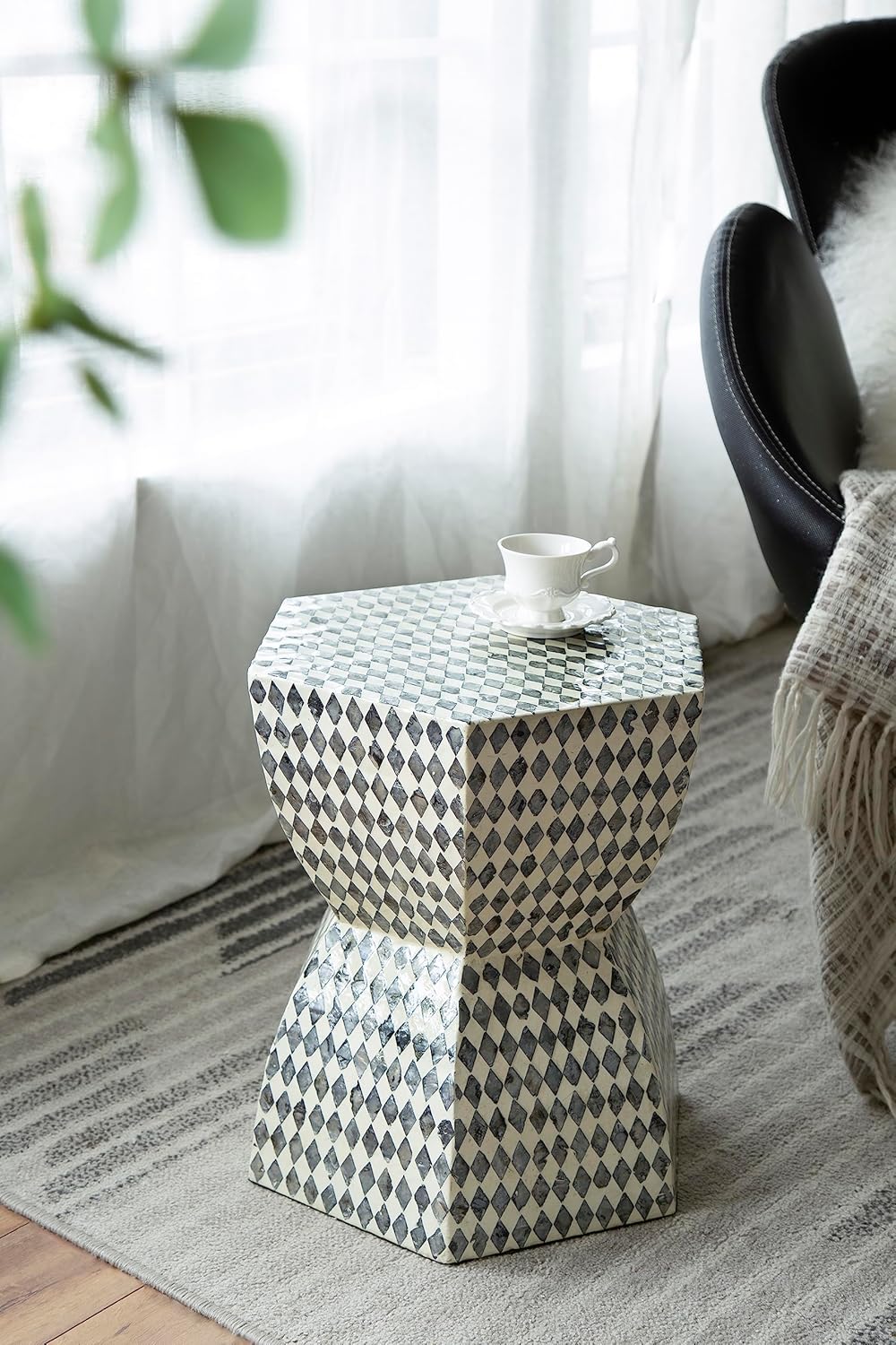 A&B Home Mother of Pearl Side Table, Geometric Design Capiz Stool, Live Edge Coffee Table, Living Room Plant Stand, 15" x 13" x 17"