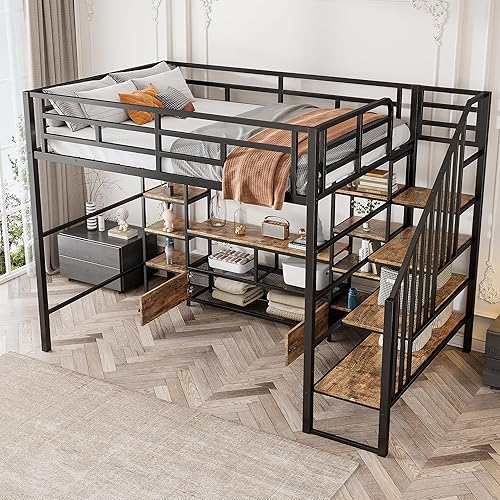 Miniatura 14 de LZ LEISURE ZONE Cama alta individual con escritorio, marco de cama alta de metal, cama tipo loft tamaño individual con escalera y barandillas de