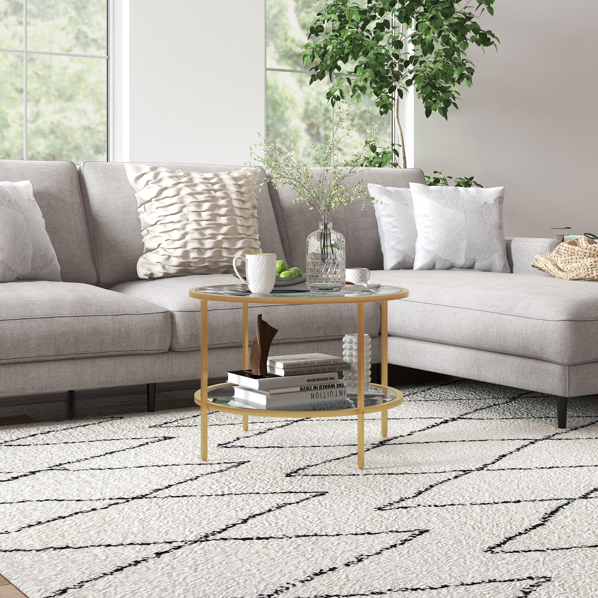 HOMCOM Beistelltisch Rund Couchtisch mit Ablage Ø60 x 43 cm Gold