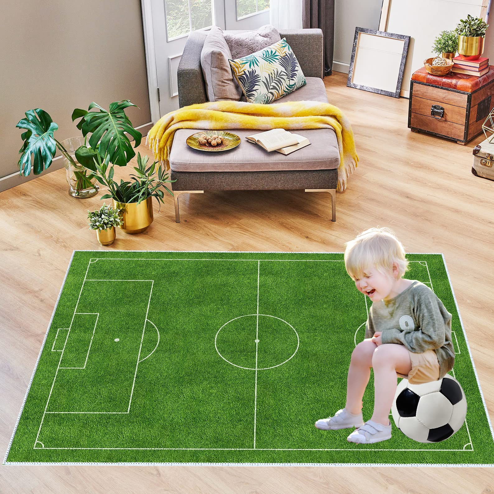 Alfombra para el patio de fútbol para niños, alfombra decorativa para campo de fútbol, suave antideslizante (L, 80 x 150 cm)