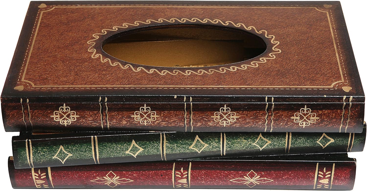 🔥 Flash Sale MyGift Multicolored Library Book Design Wood Bathroom Facial Tissue Box Cover, with Easy Refill Hinged Top, Antique Style Home Decor