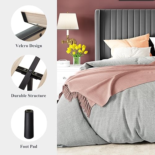 Miniatura 7 de Allewie - Base de cama tamaño Queen con cabecera acolchada tapizada en terciopelo y diseño acanalado vertical; plataforma de cama tapizada; listones