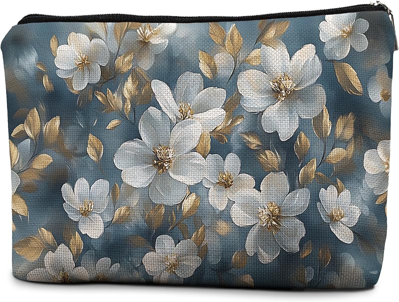 Necessaire de maquiagem floral White Magnolia efgthyjdh azul e dourada com zíper, 25,4 cm x 19,05 cm