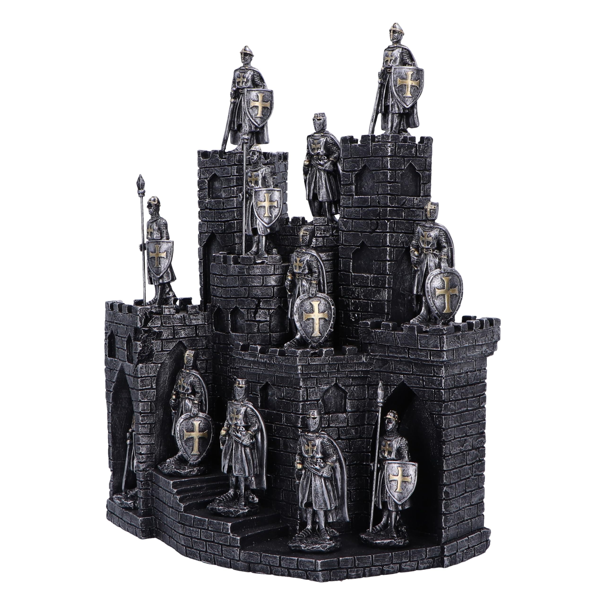 Nemesis Now Présentoir Chevaliers de la Tour avec 48 Figurines Château médiéval en résine argentée Peint à la Main 25 cm