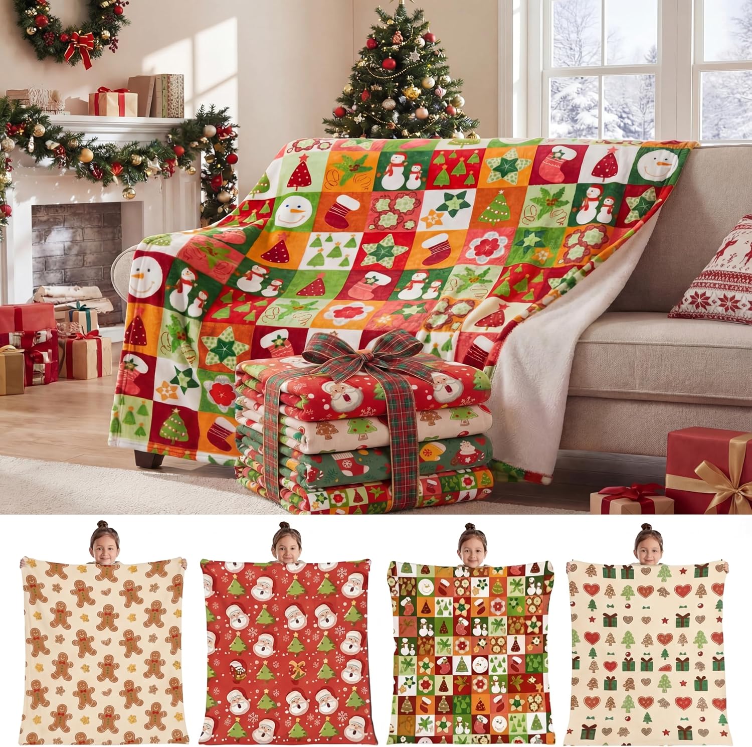 Buryeah 4 Pack Christmas Throw Blankets Bulk Snowmen, Hearts, Santa, Snowflakes, Xmas Tree Soft Cozy Christmas Plush Flannel Blanket for Sofa, Bed, Couch, Home Decor Xmas Supplies, 40 x 50 Inches
