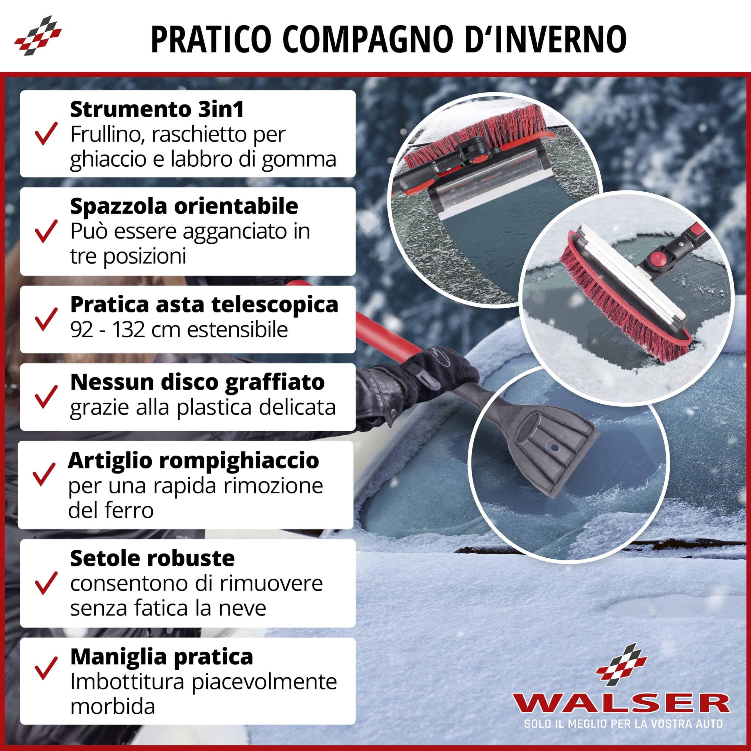 WALSER Scopa da neve 3in1 telescopico 92-132 cm raschiaghiaccio rosso/nero