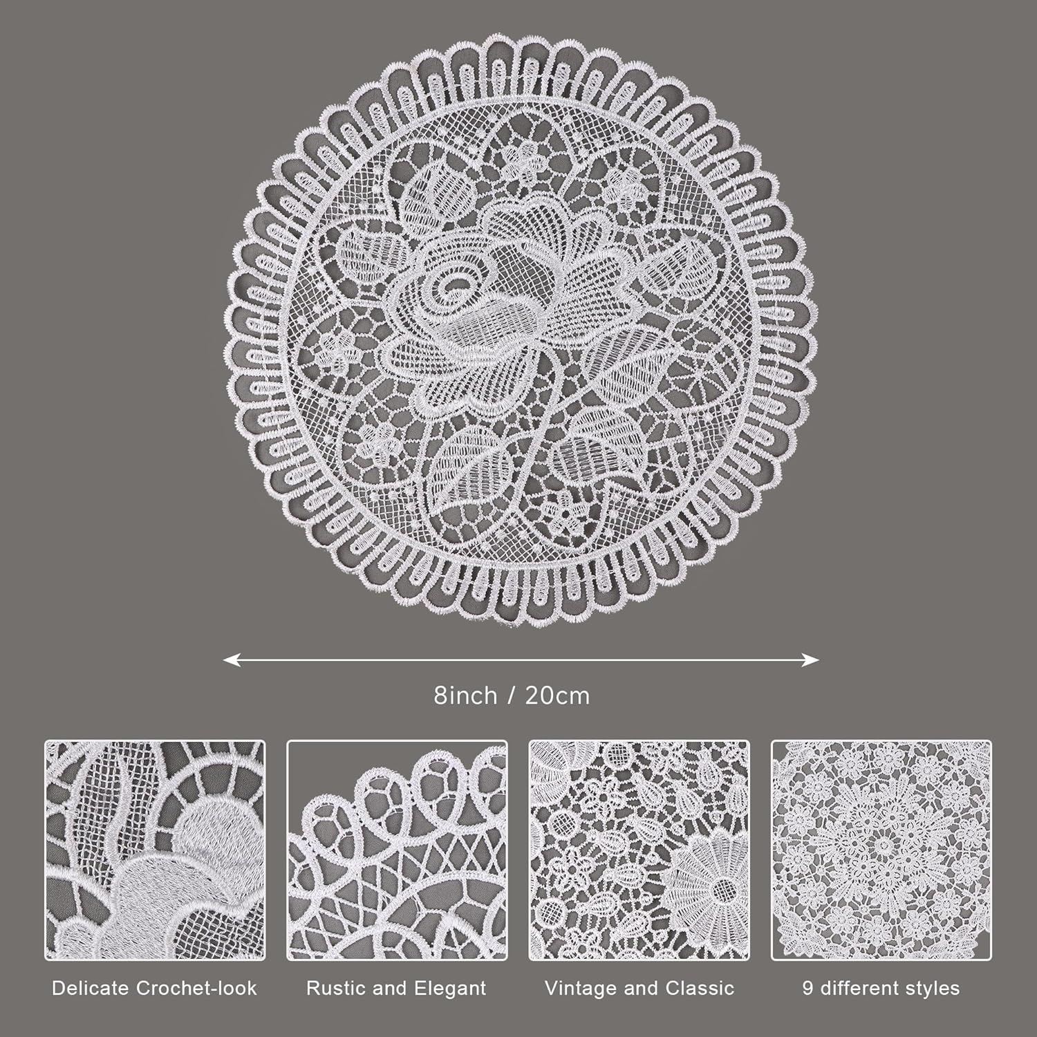 18 PCS 8 Inch Lace Doilies，Crochet-Look Tables Doilies, Round Rustic Placemats Décor-Vintage & Elegant Lace Coasters for Dresser Dining Table Wedding Party Kitchen Cup Vase Decoration