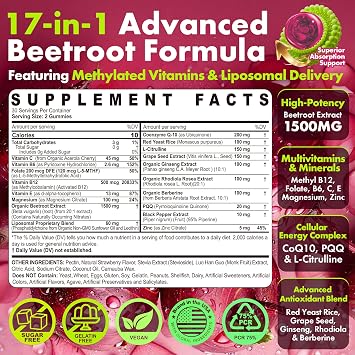 Beet Root Gummies 1500mg for Women & Men,L-Citrulline, Nitric Oxide Support