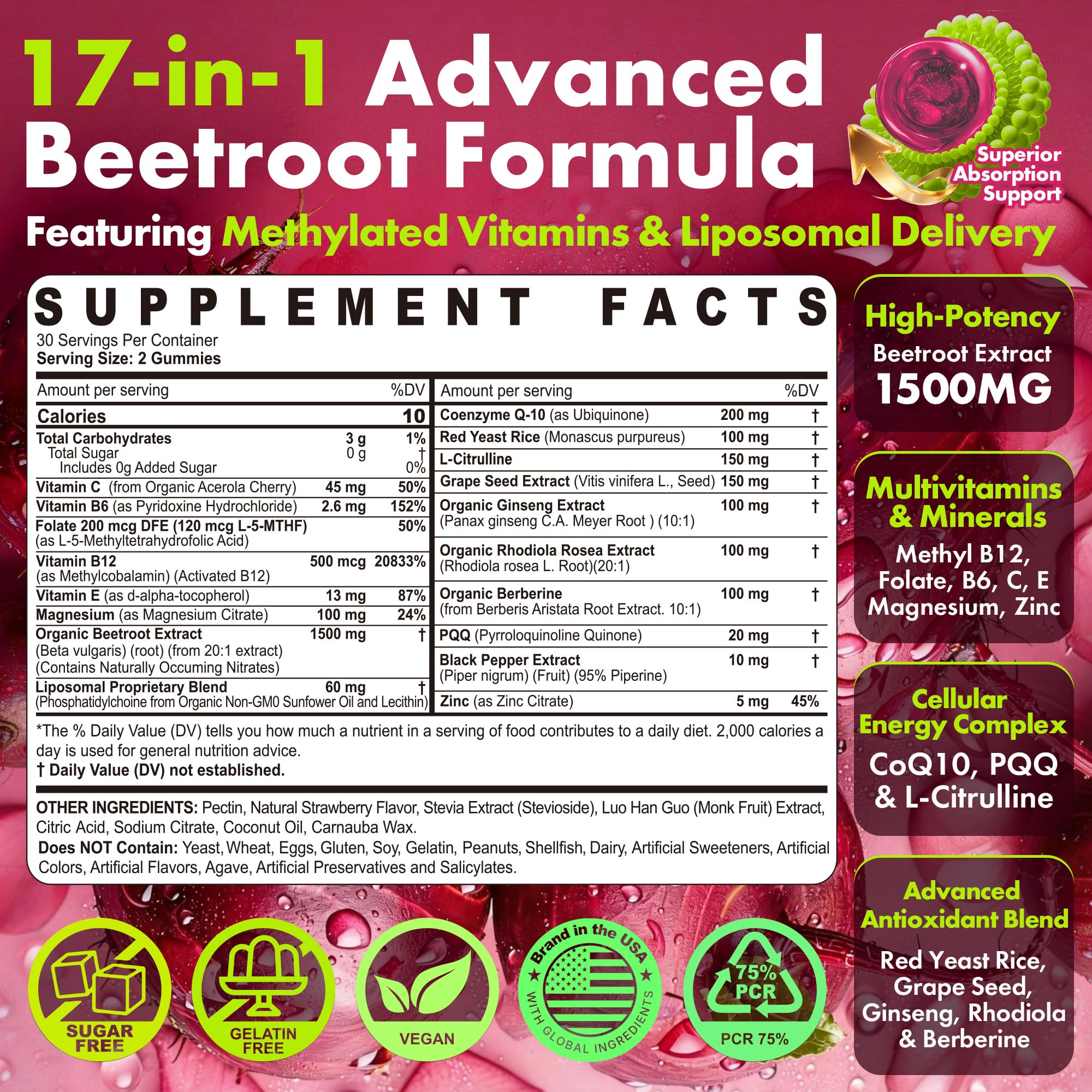 Beet Root Gummies 1500mg for Women & Men, Nitric Oxide Support, pack of 2 — Amazon image 2