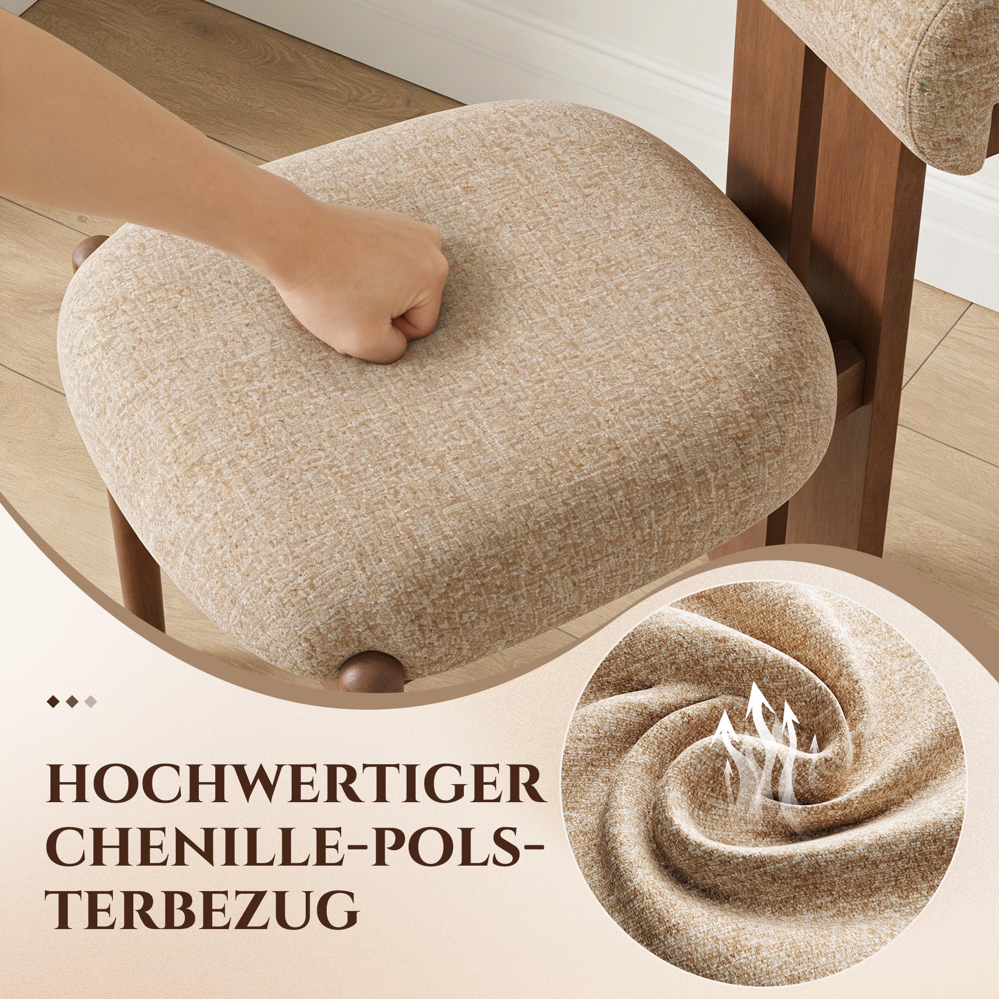 MALOL Esszimmerstühle 2er Set, Polsterstuhl Essstühle mit Holzbein, Modern Stoff Esstisch Stühle mit Fester Rückenlehne für Esszimmer, Küche, Restaurant, Mit dunkelbraunen Beinen, Kamel