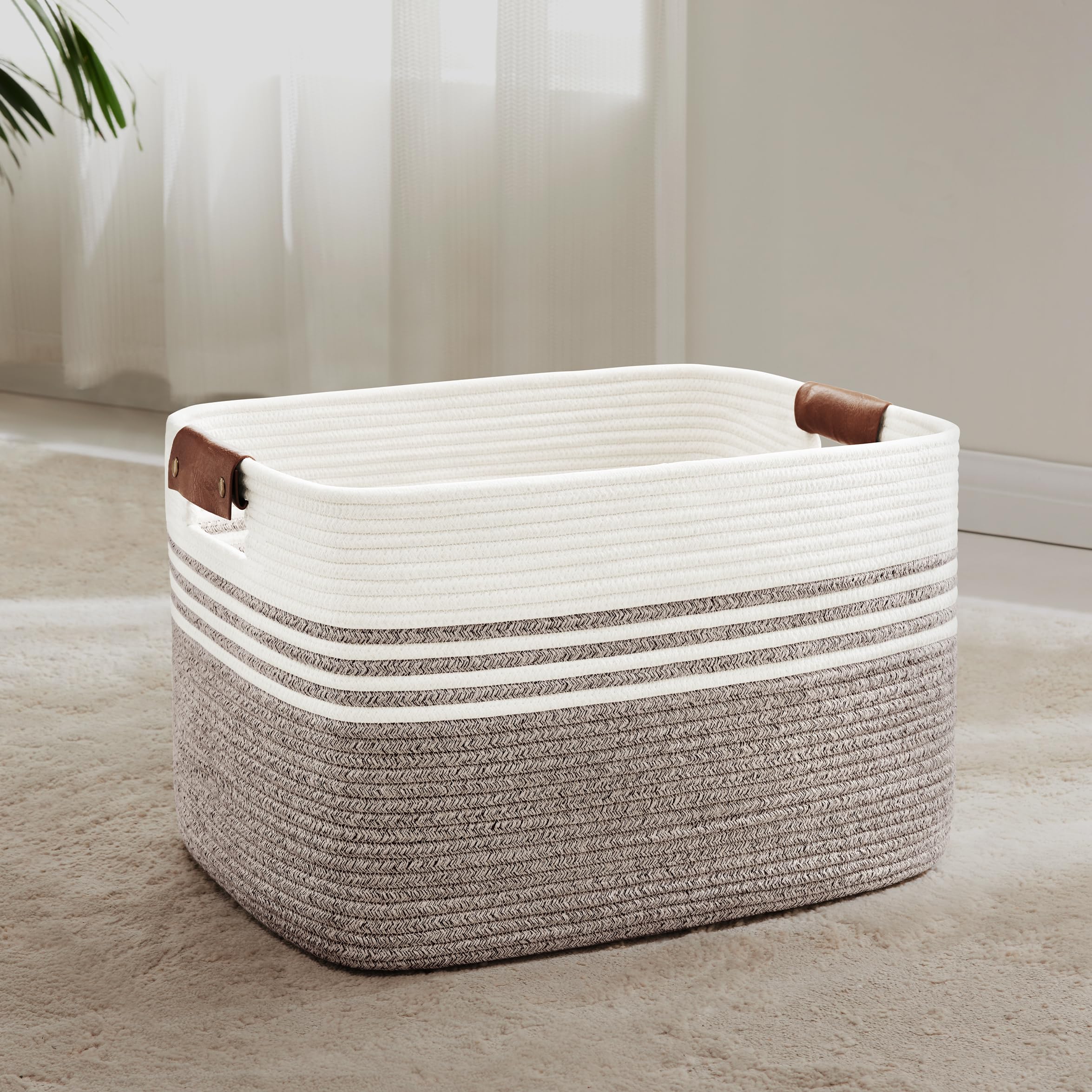 MYHOMMATTO 60L Large Laundry Basket with Leather Handles for Living Room Storage, Woven Rope Baskets Bin for Blanket, Kids Toy, Gifts, Wicker Hamper for Bedroom Dirty Clothes, 21"x15"x11" Dark Brown