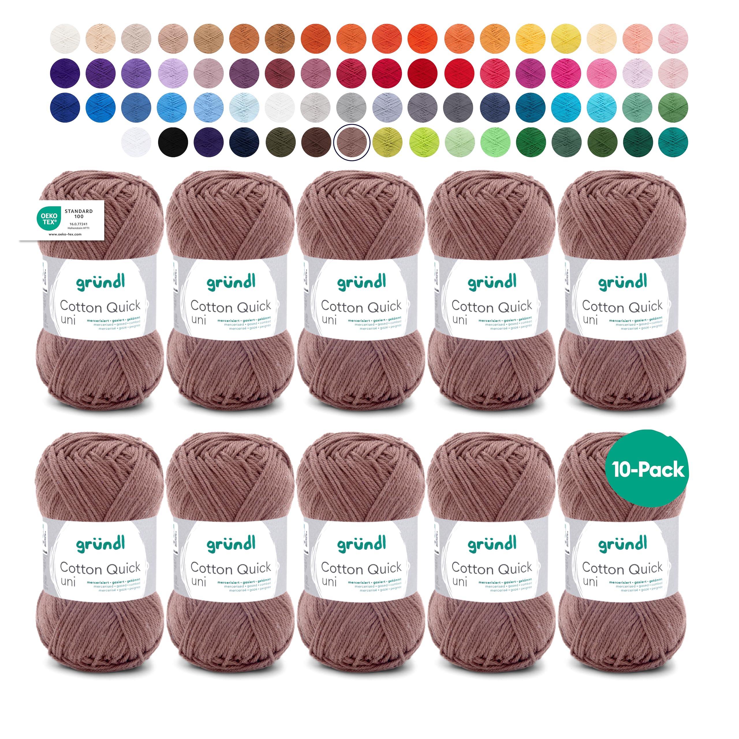 Gründl Wolle Cotton Quick uni - dünne Wolle zum Häkeln - Strickgarn - Häkelgarn - Glänzend und hautfreundlich - 100% Baumwolle - 10 Knäuel 50 g / 125 m - Nadelstärke 3-4 - kaffee