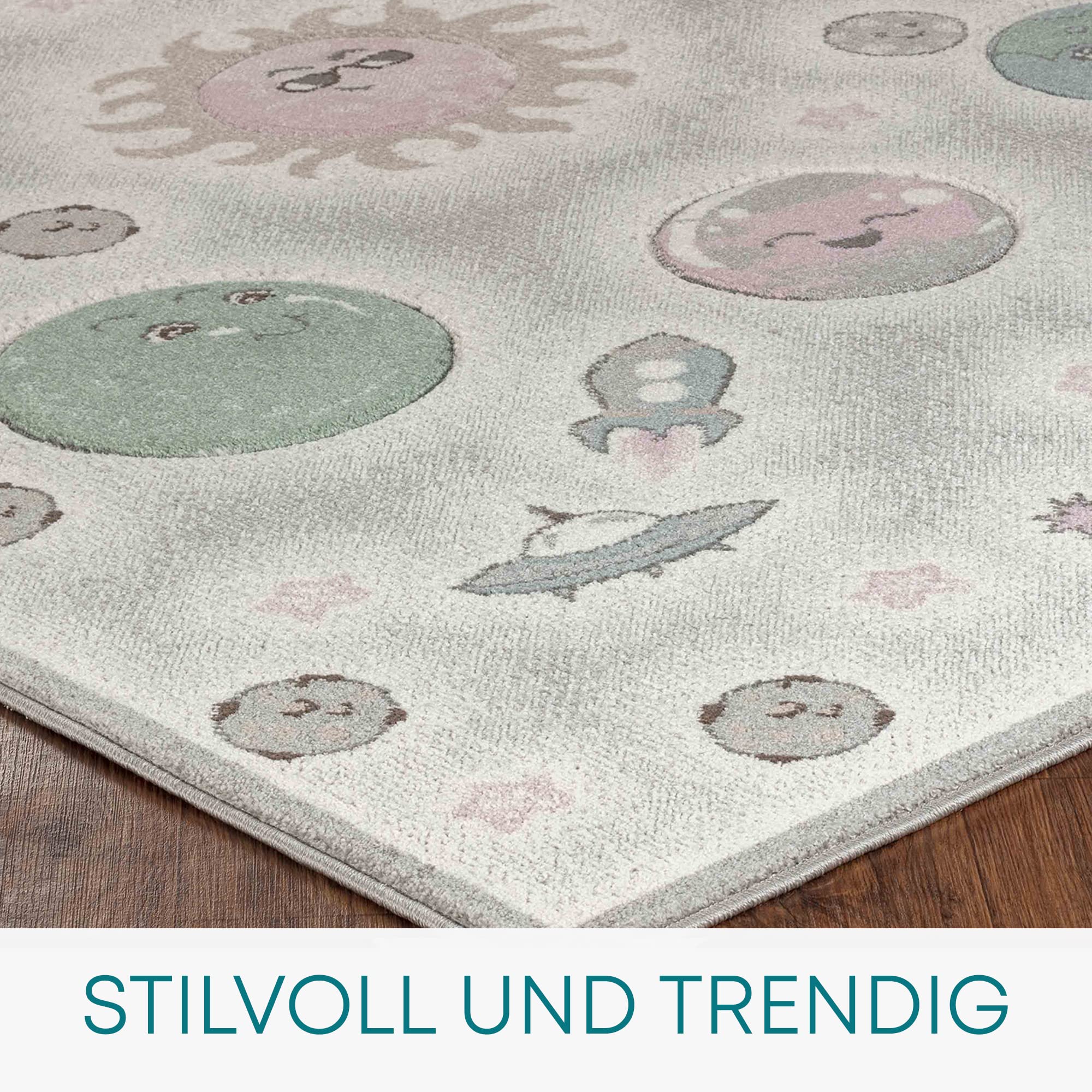 Livabliss Galassia Tappeto Bambini Tappeto Bambino Cameretta, Asilo o Sala Giochi, Tappeti per l'area della stanza dei Bambini, Accessori per Camera da Letto dei Bebè, Grigio, Rosa e Blu 160x213 cm