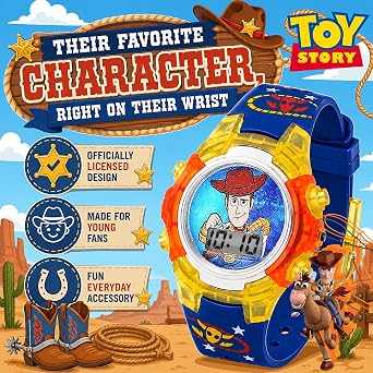 Toy Story 4 Kids Digital LCD Watch Flashing Dial, Woody Character Design, Printed Strap, Adjustable Fit, Durable Plastic Case, Fun Timepiece for Kids, Great for Fans Fits Wrists 5.5 to 8