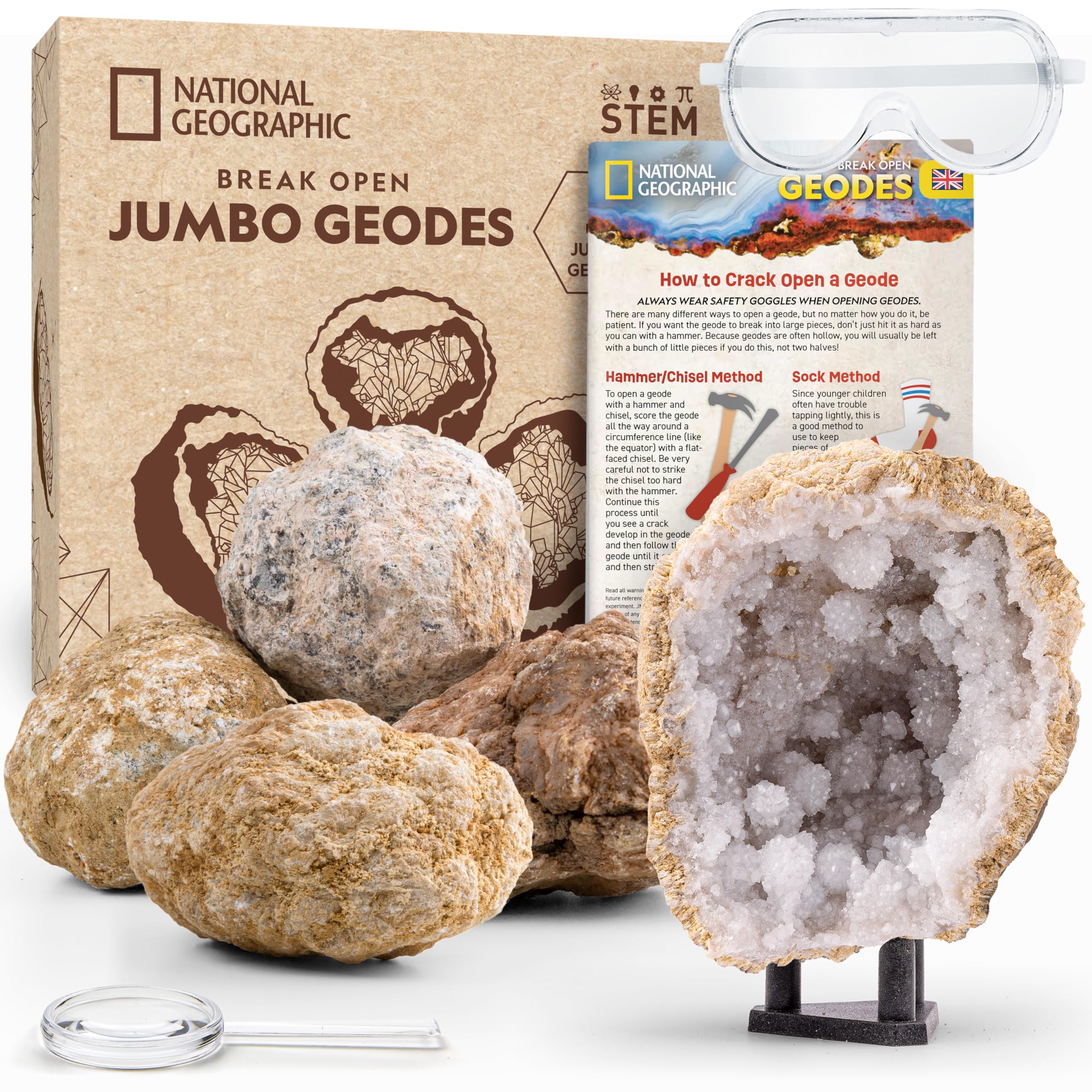 NATIONAL GEOGRAPHIC Break Open 5 Jumbo Geodes Science Kit, STEM Science Gift for Boys & Girls