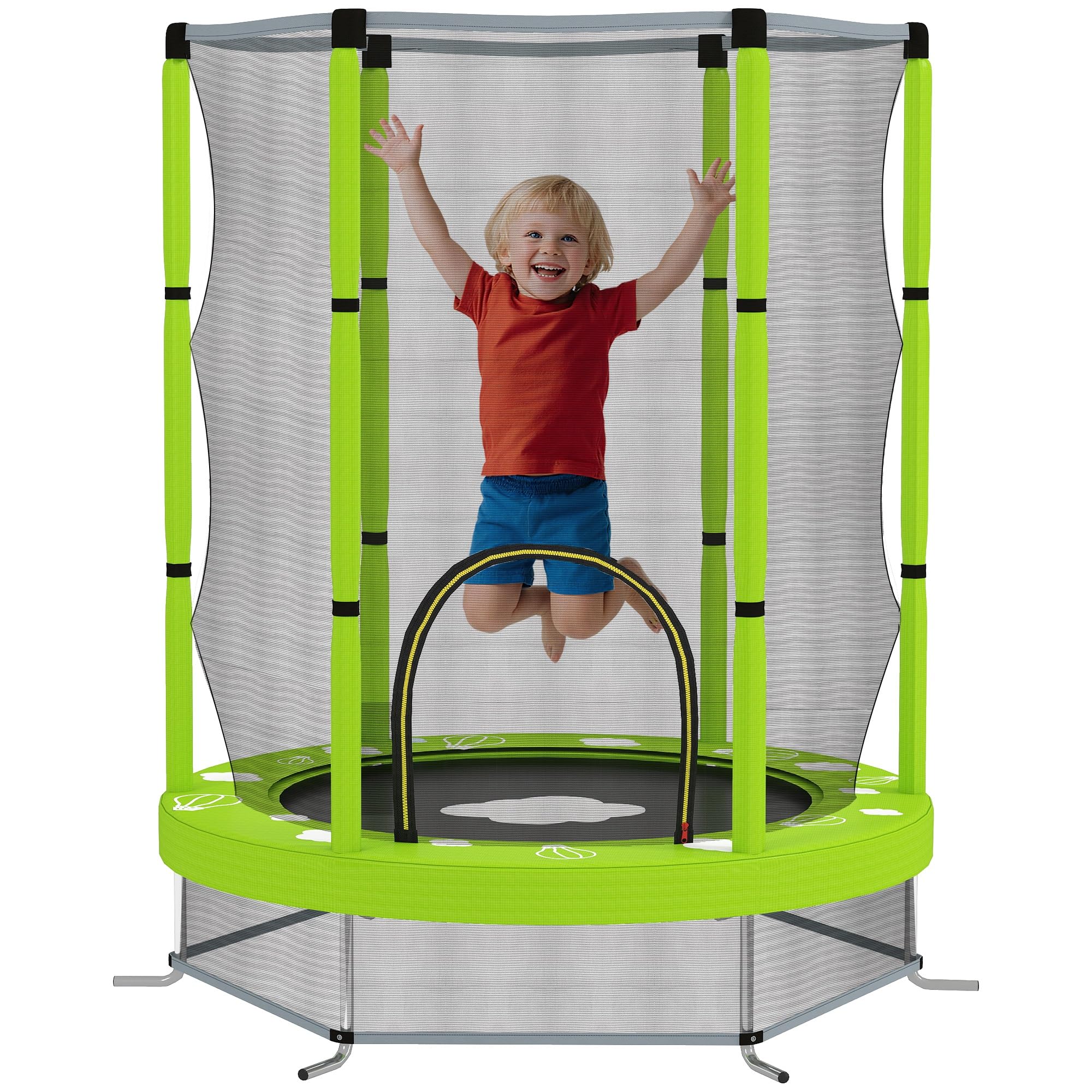 AIYAPLAY Trampolina dla dzieci Ø140 cm, zewnętrzna trampolina dla dzieci z siatką zabezpieczającą, drzwi na suwak, 6 wyściełanych słupków, do użytku wewnątrz na zewnątrz, dla dzieci w wieku 3-6 lat