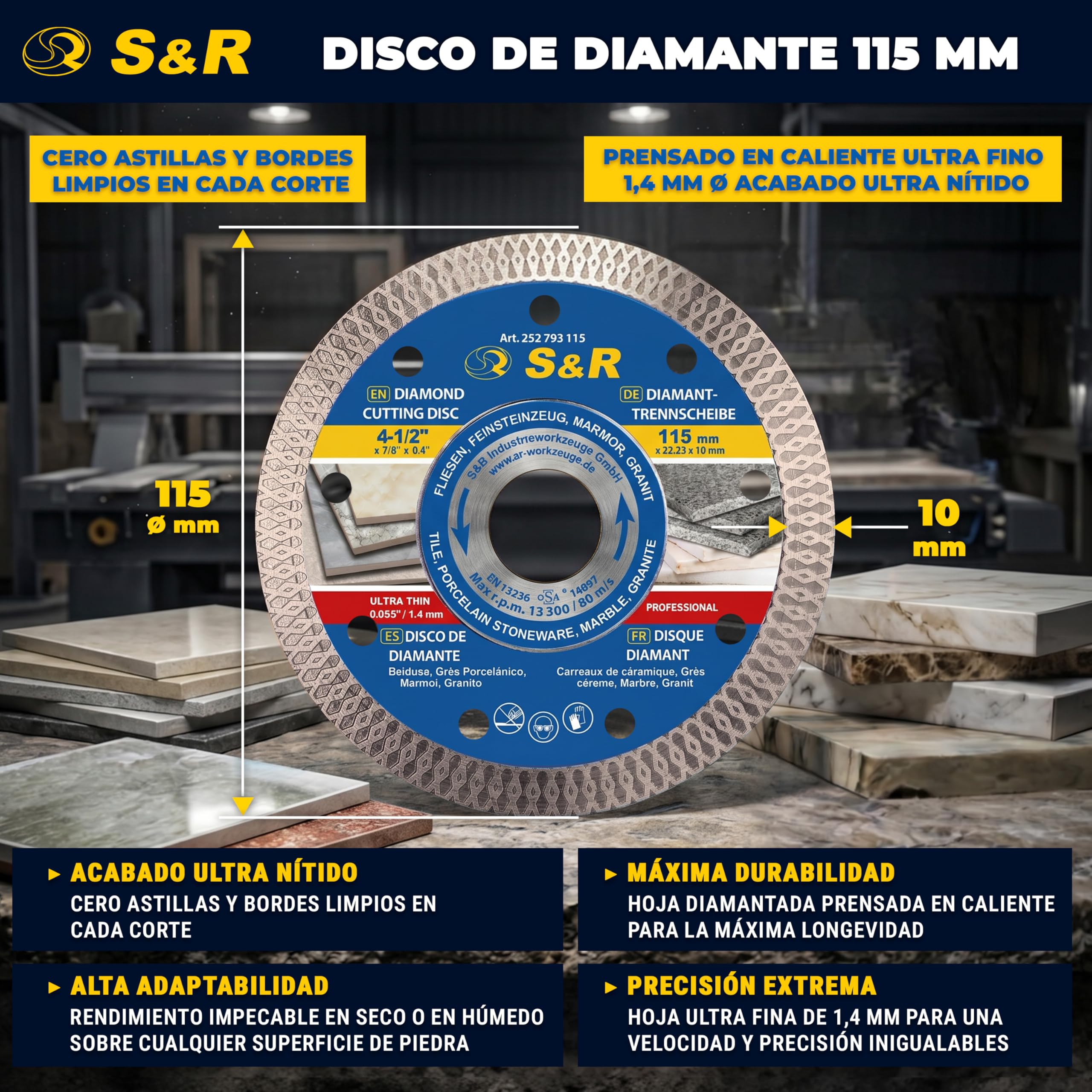 S&R Disco Corte Porcelanico 115 Disco Diamante 115mm Azuleos Cerámica Baldosas Granito y Mármol. Disco Porcelanico 115 Radial diamantado para Amoladora 115 y 125 Bosch Ruby Makita Dewalt