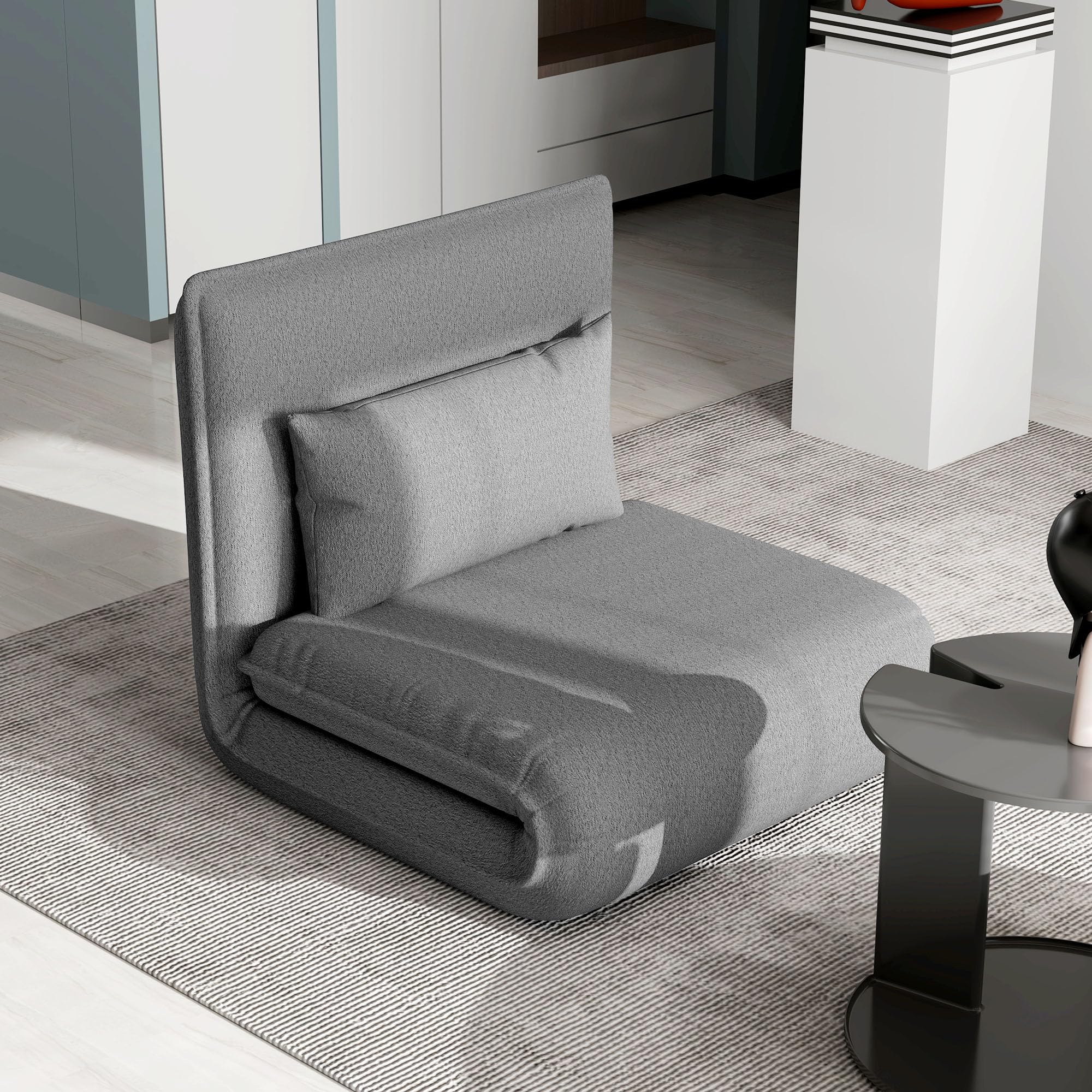 HOMCOM Bodensofa 3-in-1 Klappbar Schlafsofa mit 6-Fach verstellbar Rückenlehne Kissen Gepolstert Sofabett mit Schlaffunktion, bis 150 kg belastbar, für Schlafzimmer, Wohnzimmer, Dunkelgrau