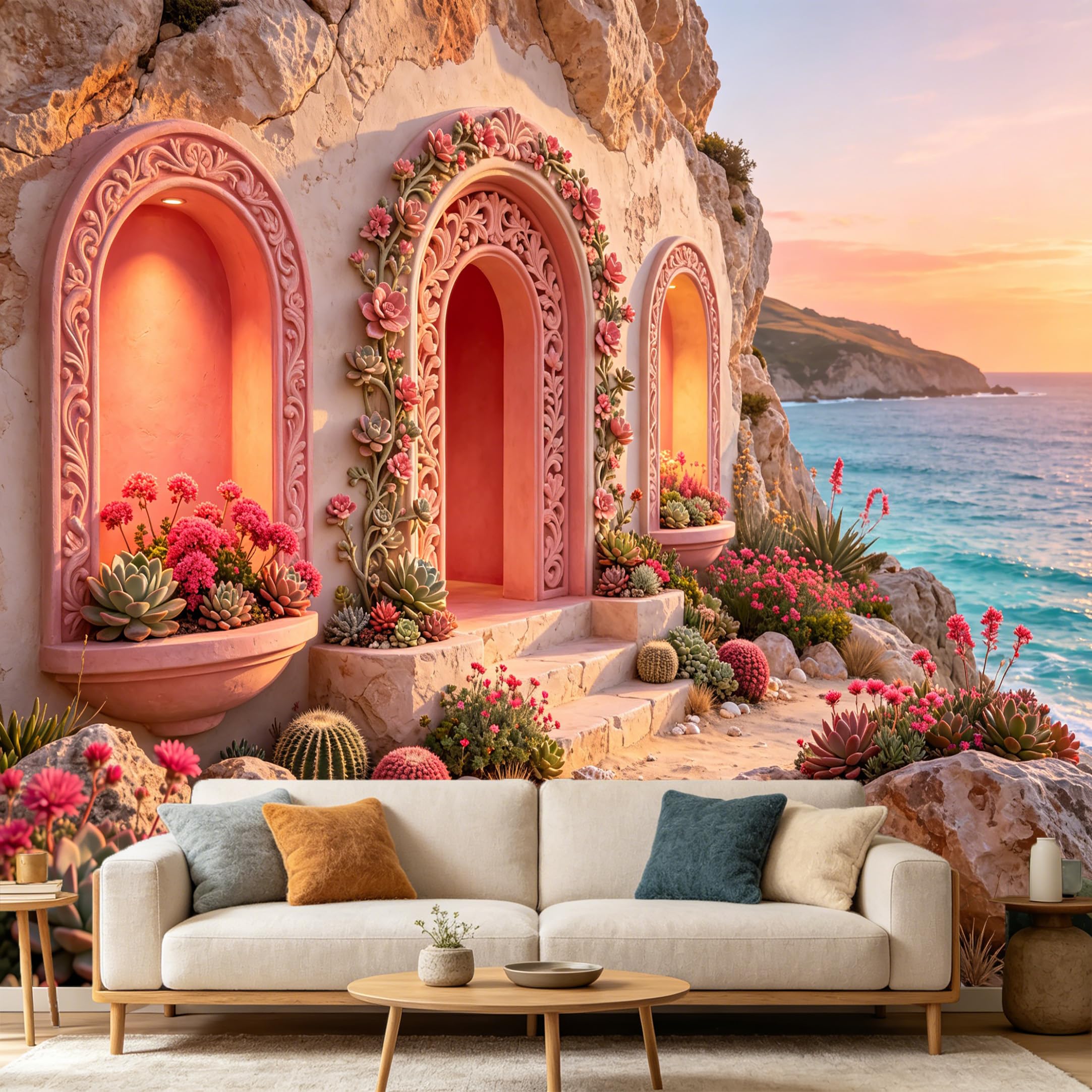 Custom Size Wall Mural， Coastal Mediterranean Pink Cactus Archway Ocean Sunset， SelfAdhesive Art Prints wall Fabric Removable Large Wallpaper Home Living Room Decor