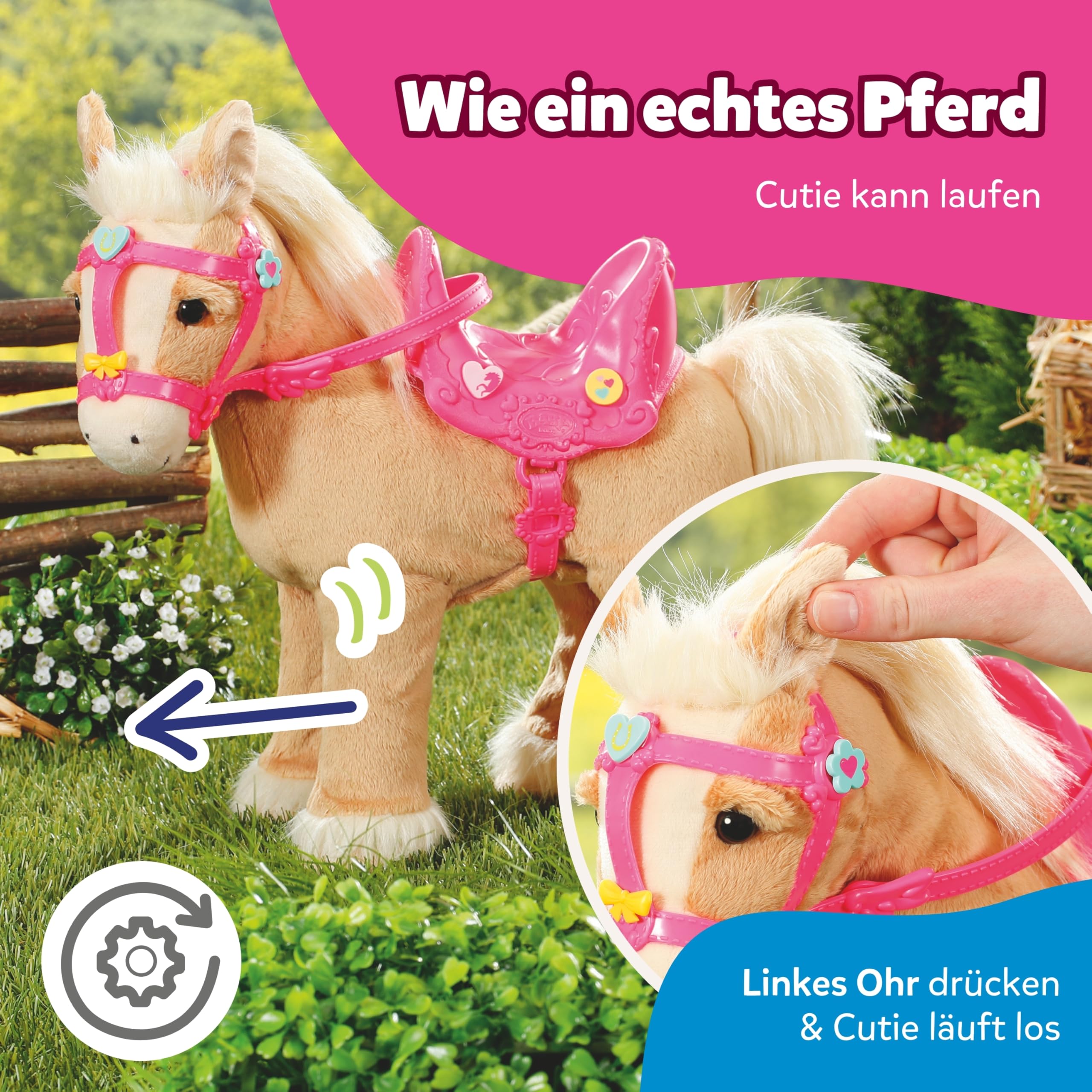 BABY Born, Puppenpferd, My Cute Horse, interaktives Pferd mit Lauf- und Soundfunktion, Plüsch, rosa Sattel und Zaumzeug sowie Pins zum Dekorieren, 840627 Zapf Creation