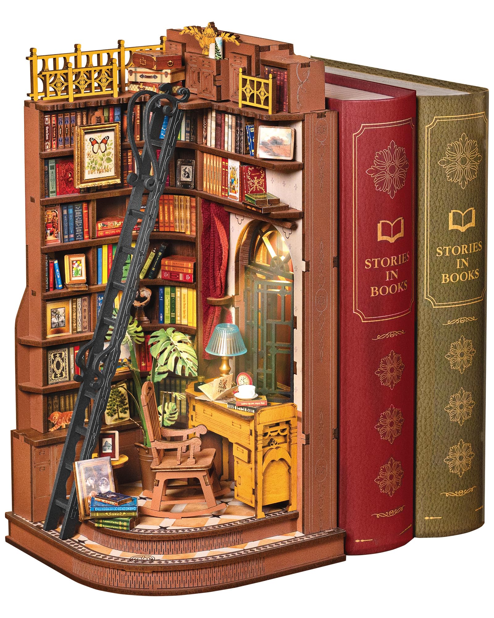ROBOTIME Book Nook in Legno – Booknook Casa in Miniatura da Costruire con Luci, Puzzle 3D Creativo per Adulti e Ragazzi, Decorazione da Libreria (Silent Corner Study)