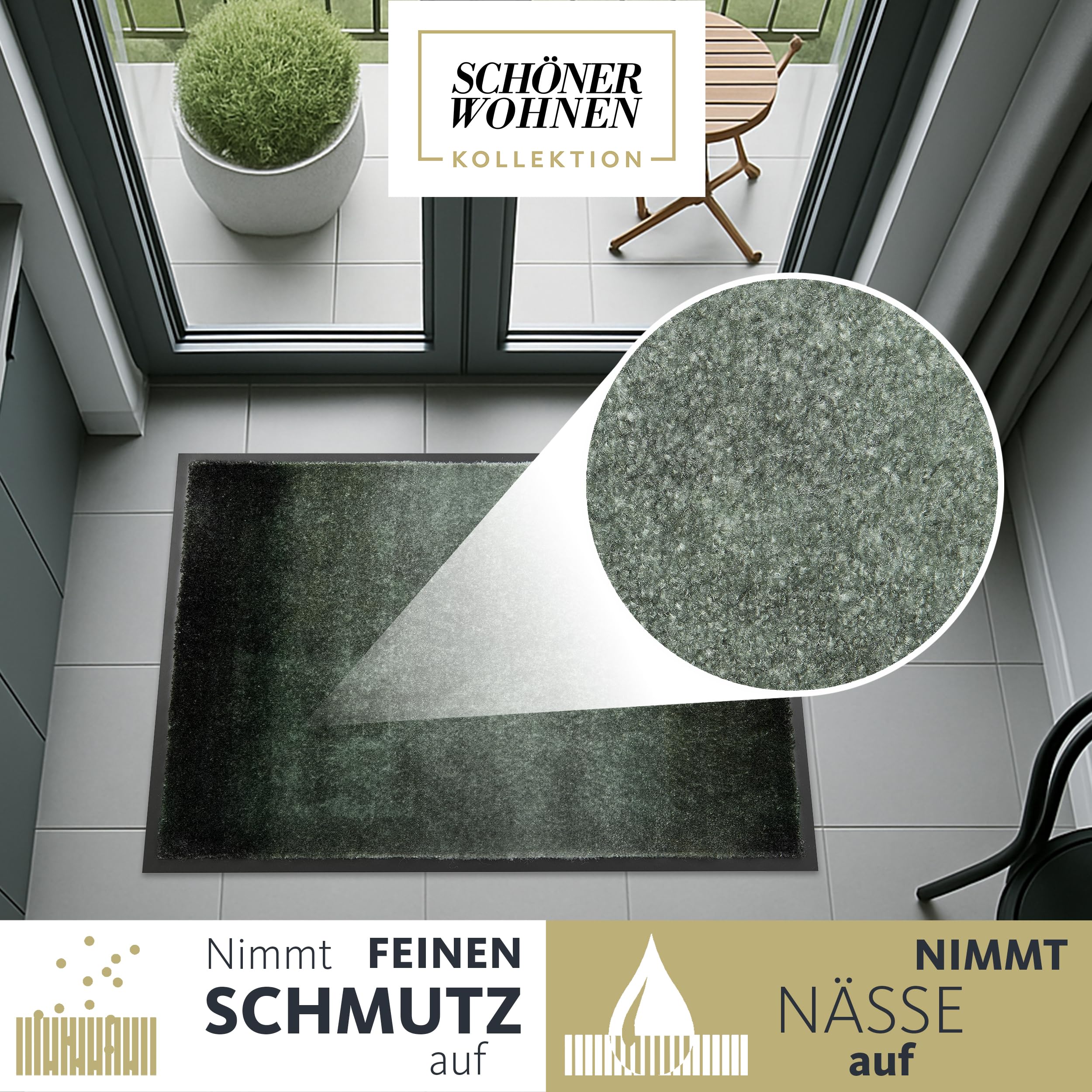 Schöner Wohnen Kollektion Wycieraczka wewnętrzna – wycieraczka zatrzymująca brud 50 x 70 cm przebieg w kolorze zielonej leśnej – antypoślizgowa mata do czyszczenia drzwi wejściowych – wycieraczka