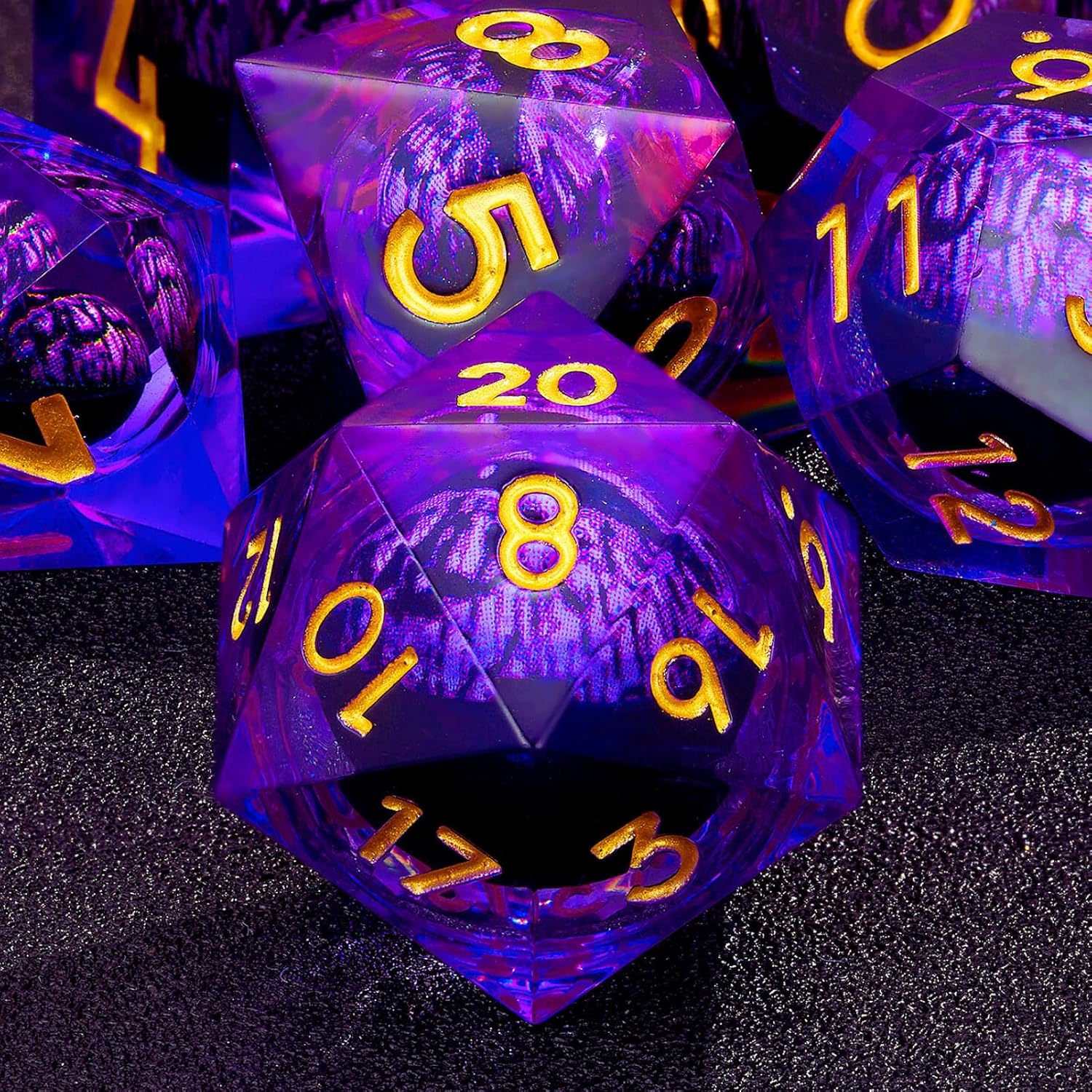Death Dragon Eye Beholder's Eye Liquid Dice Set - Magical The Gathering Polyhedral RPG D&D Dice, D20 D12 D10 D8 D6 D4, Liquid Core Resin, Sharp Edges, Ultimate DND Gifts - Fangool (Purple)