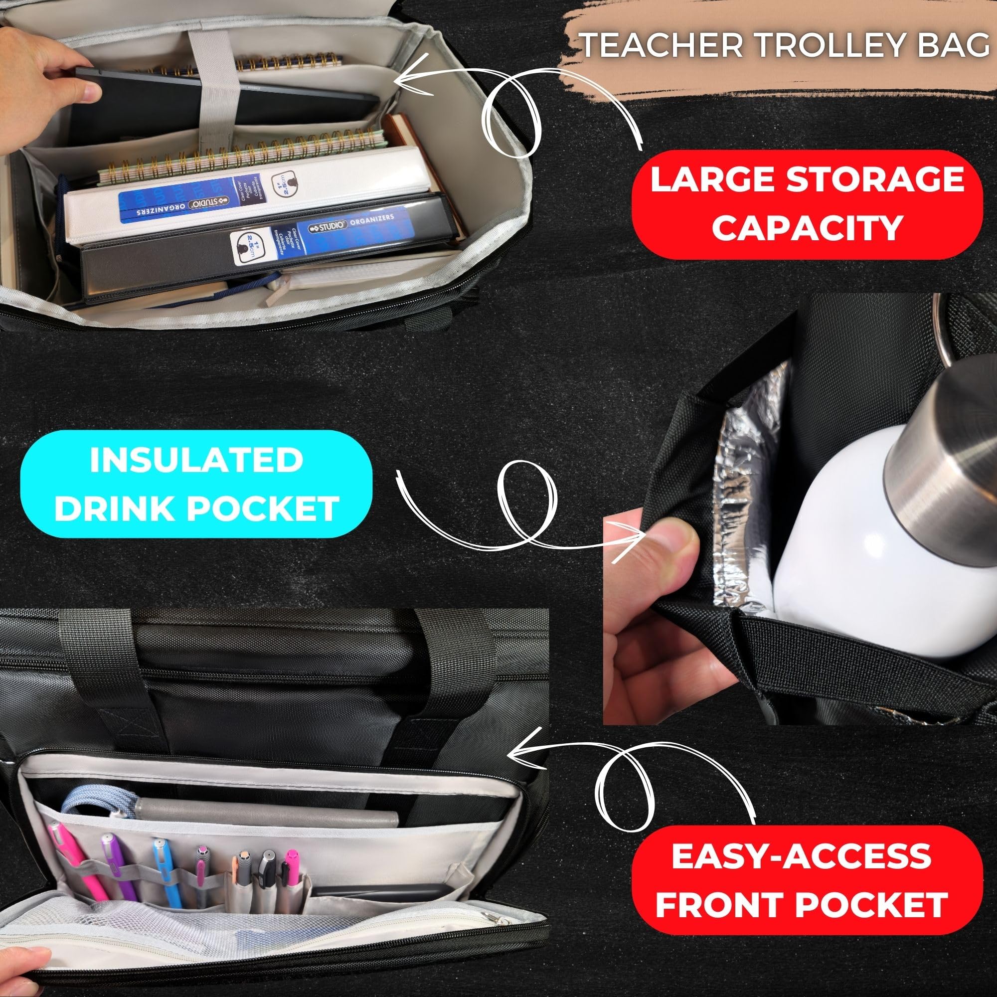 Rollende Lehrer-Tragetasche mit Rollen und Laptopfach, Lehrertasche mit Rollen für Lehrer, Abnehmbarer Trolley, Büro, Handwerk, Schwarz