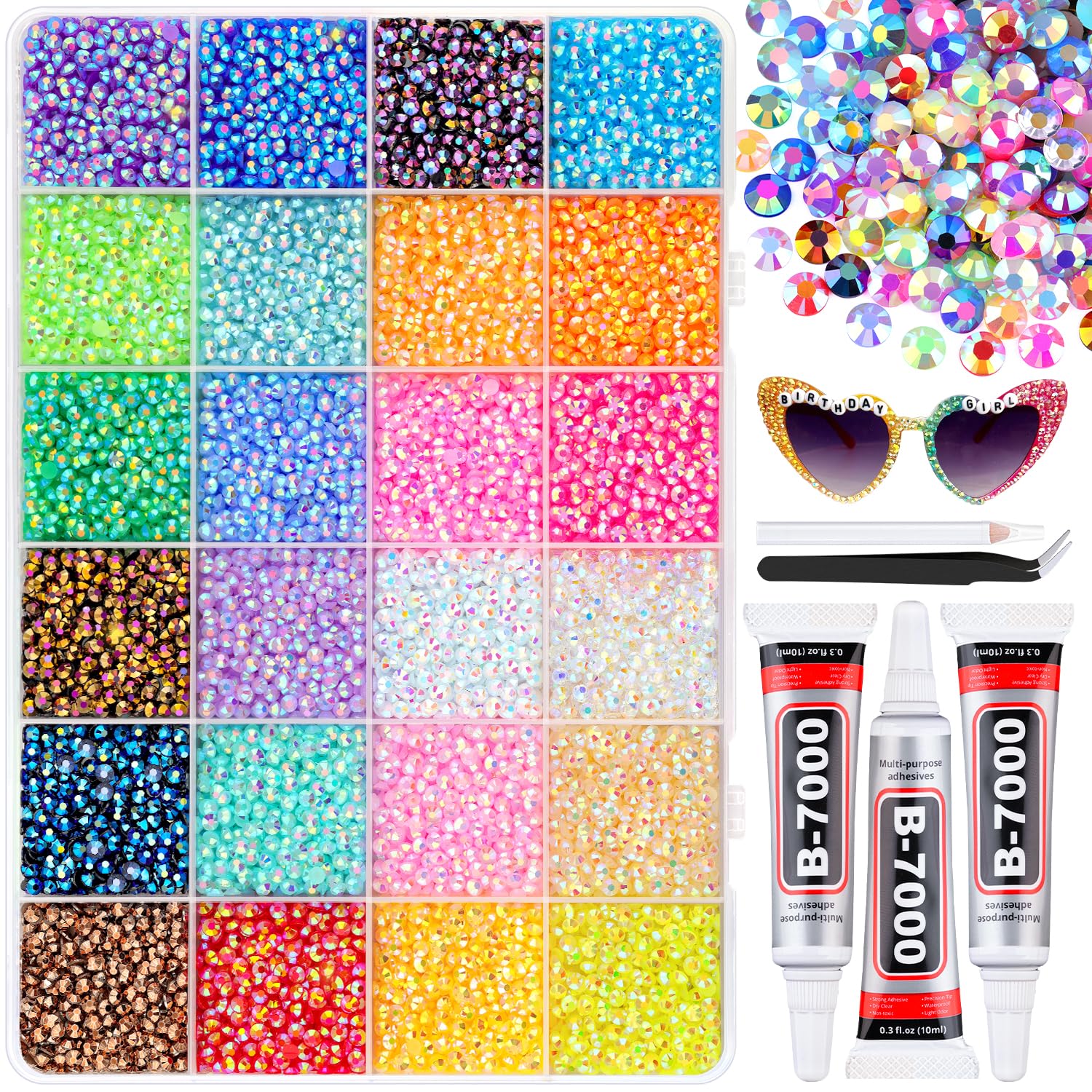 24000Pcs Mixed-Color Resin Rhinestones with B7000 Jewelry Glue for Crafting, 3mm Non Hotfix Flatback Gems, Bedazzling Crystal for DIY Crafts Clothing Tumblers Mugs Shoes Fabric Decor Nail Art