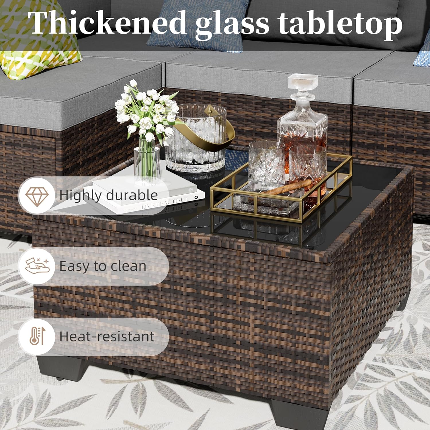 7 Pieces Patio Furniture Set - Outdoor Sectional Wicker Rattan Furniture, with Cushion and Glass Table, Patio Conversation Sets, for Porch, Poolside, Backyard, Outdoor Sofa Set