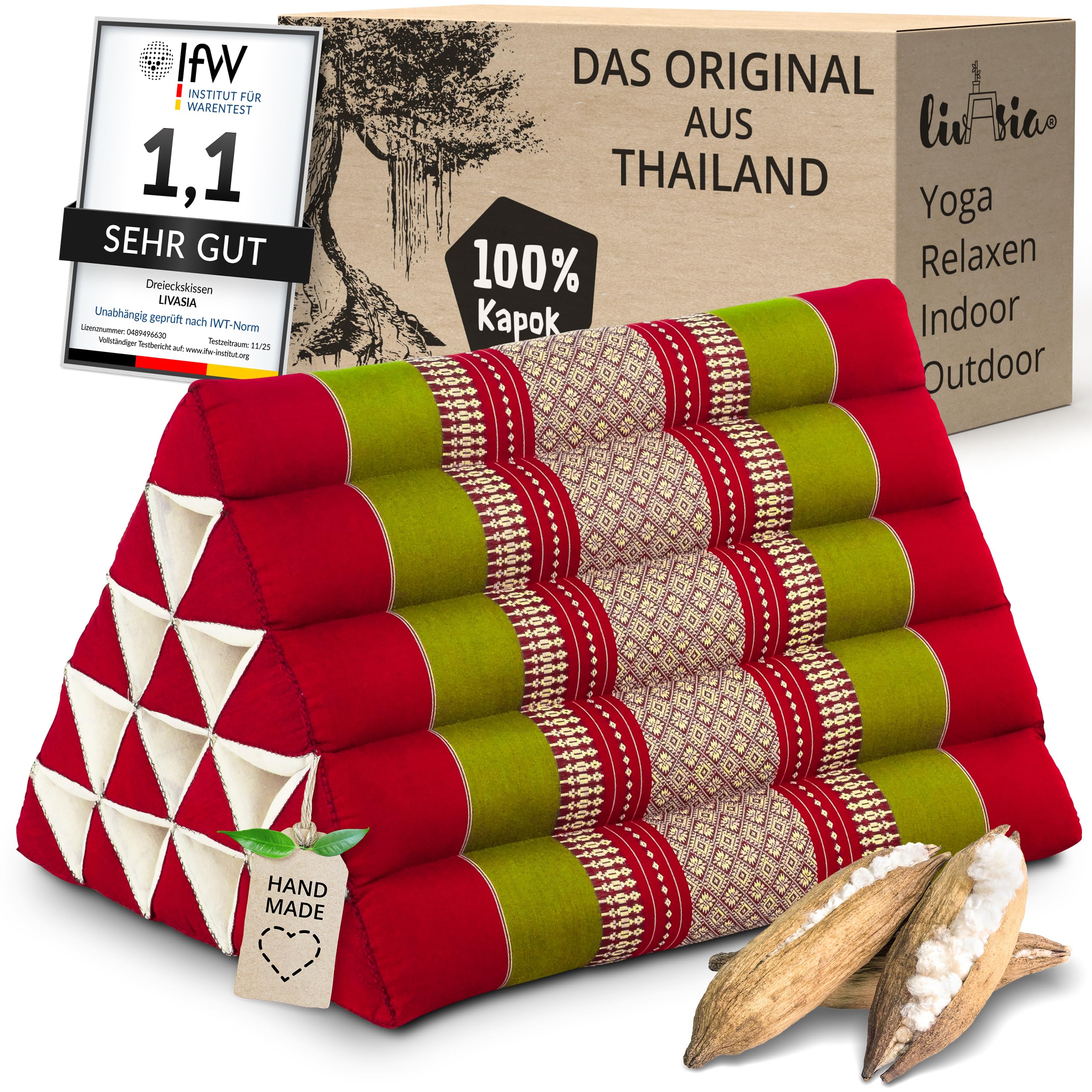 livasia Rückenstützkissen extrahoch - 38x55x35cm - Dreieckskissen für Garten und Balkon, Keilkissen mit Kapok, Lagerungskissen für Beine, handgefertigt, Meditationskissen (Rot/Grün)