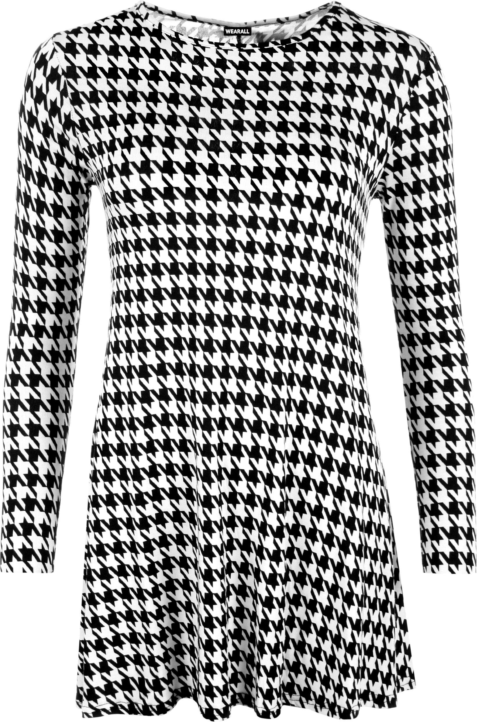 Wearall Women's Dog Tooth Plus Size Plain Long Sleeve Stretch Swing Dress Top - 20-22