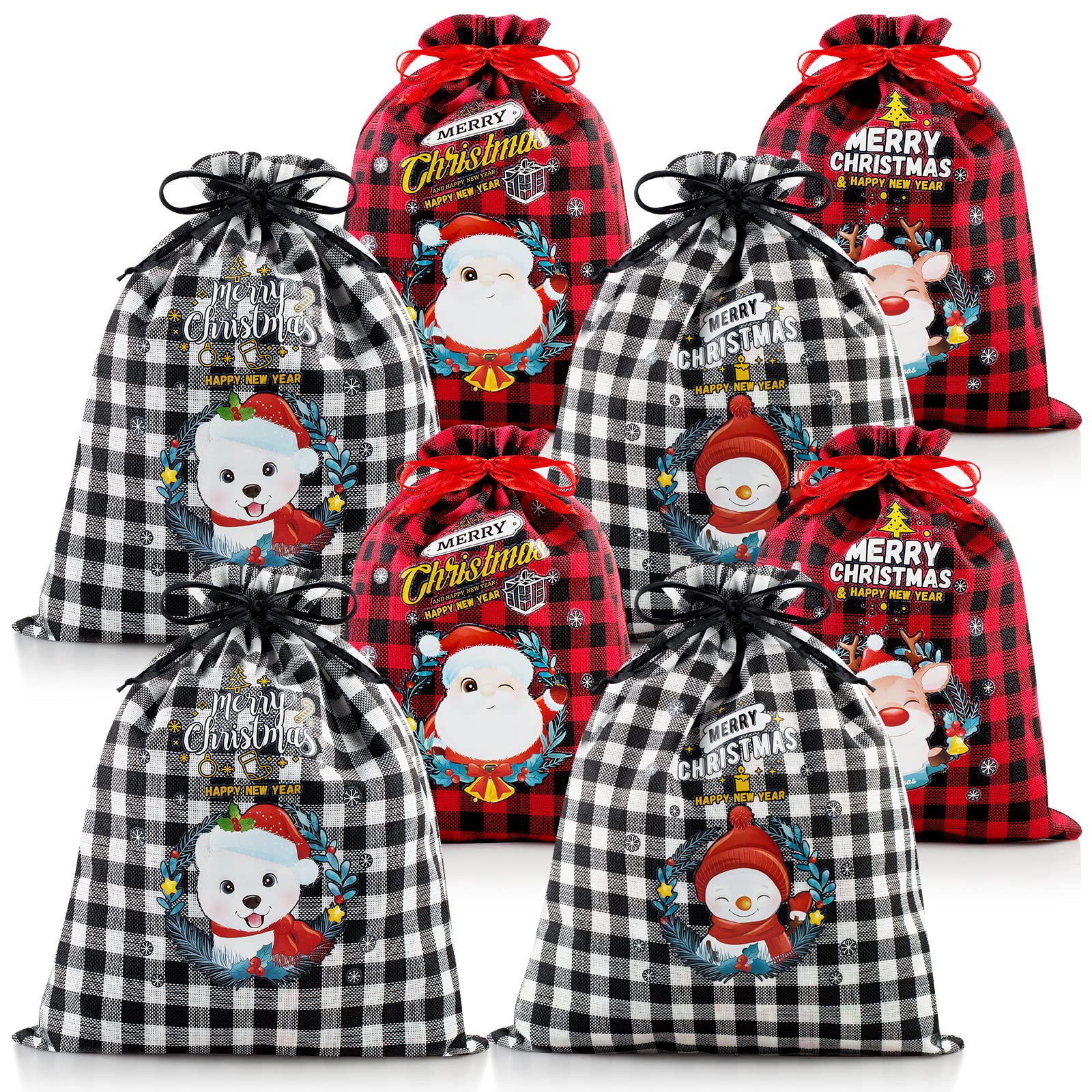 8 Pack Assorted Sizes Gift Bags buffalo plaid and Christmas patterns gifts Bags with Drawstrings Xmas Plaid Burlap Bags Wrapping Bags Small Drawstring Storage Bags Vintage Party Favors Bags with Drawstring