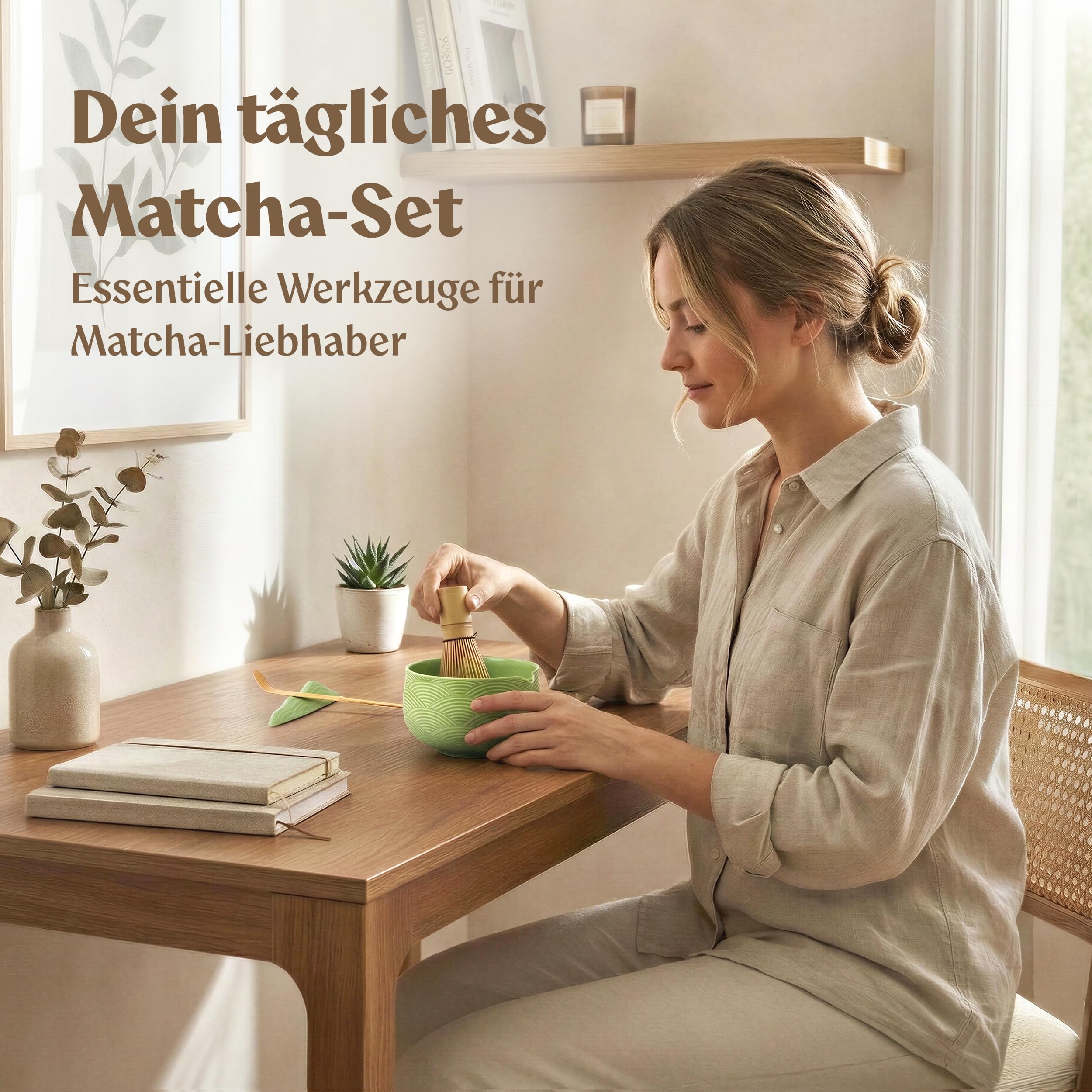 EDELHAUS Matcha Set (7 Teilig) Matcha Schale mit Besen, Sieb, Löffel - Einzigartiges Design Ceremonial Grade Matcha Tee Set (Grün)