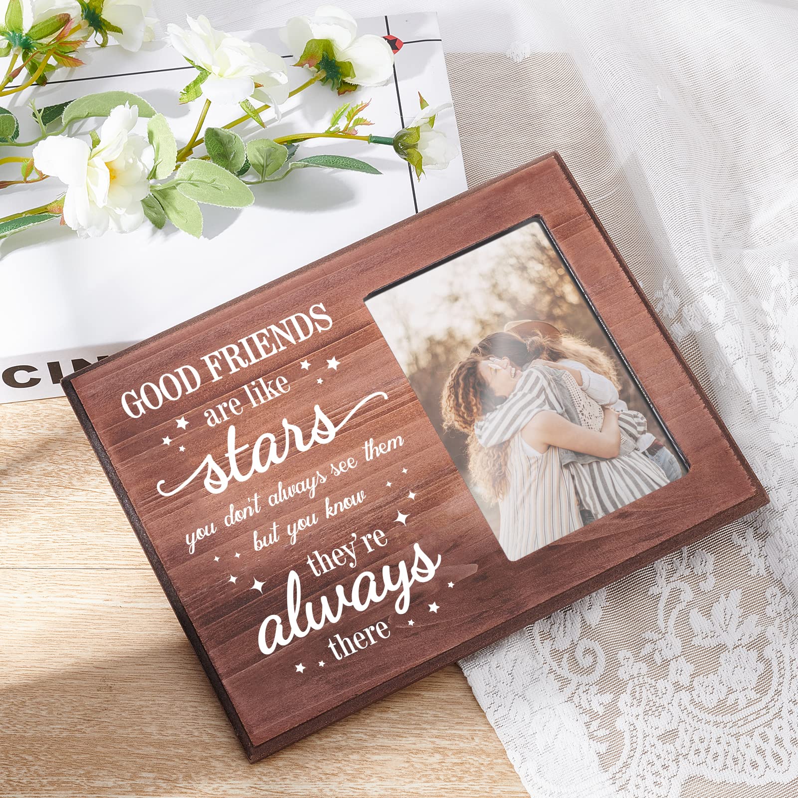 Cornice Portafoto In Legno Con Scritta “Good Friends Are Like Stars” – Per Foto 10x15 Cm – Decorazione Da Scrivania Orizzontale