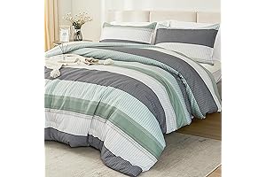 Litanika Queen Comforter Set: Serene Sage Green and Crisp White Geometric Stripe Pattern