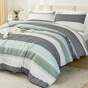 Litanika Queen Comforter Set Sage Green - 3 Pieces Lightweight Quilt Bedding Comforter Sets, Light Green White Colorblock Stripe Fluffy Bed Set, All Season Down Alternative
