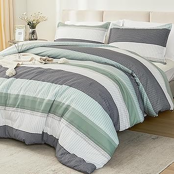 Litanika Oversized King Comforter Set Sage Green 120x98-3 Pieces Lightweight Green White Colorblock Stripe Fluffy Bedding Comforter Sets, All Season Bed Set