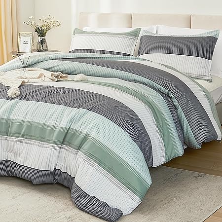 Litanika Oversized King Comforter Set Sage Green 120x98-3 Pieces Lightweight Green White Colorblock Stripe Fluffy Bedding Comforter Sets, All Season Bed Set