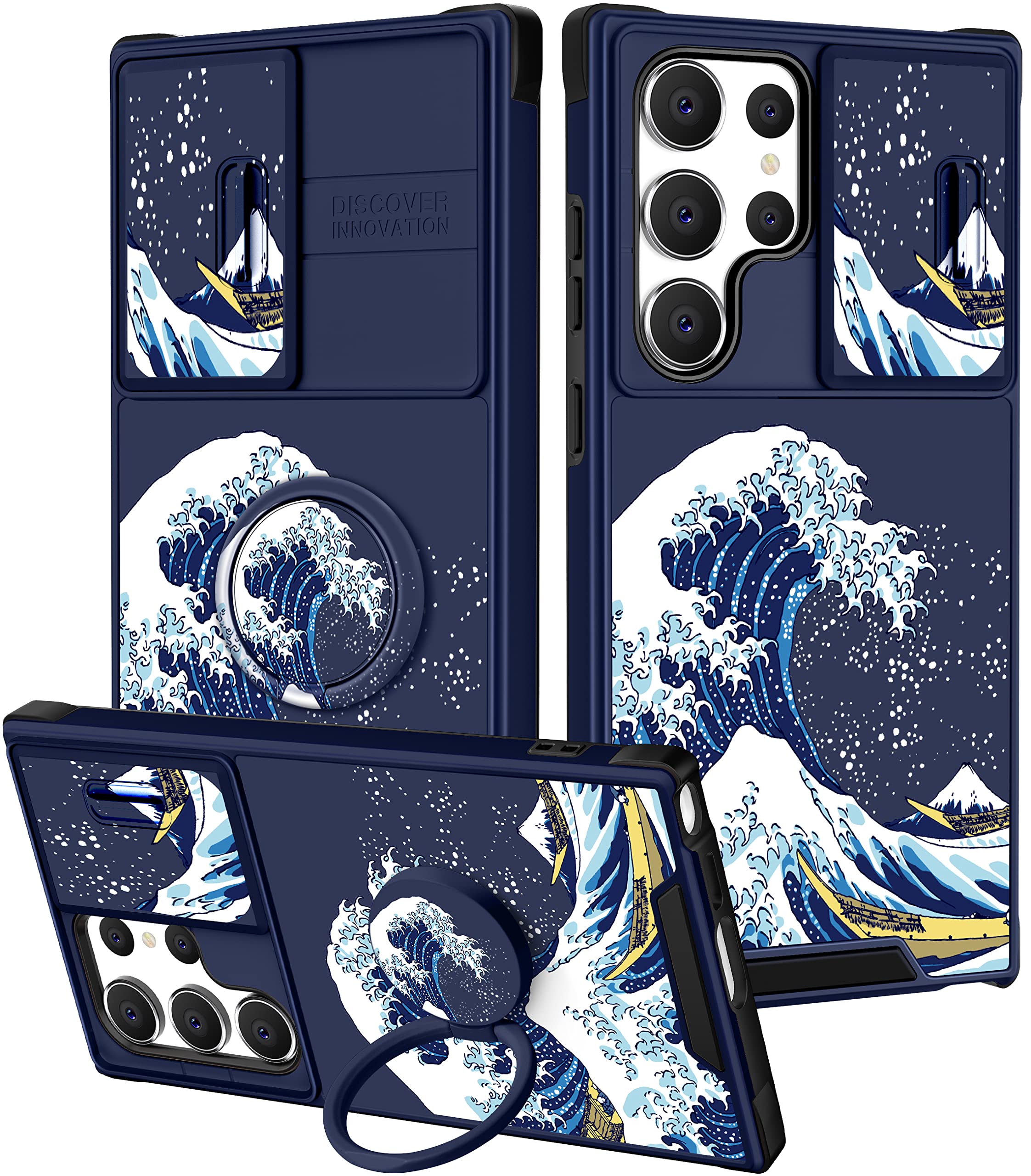 Goocrux (2in1 for Samsung Galaxy S23 Ultra Case Waves for Women Girls Cute Great Wave Phone Cover Cool Japanese Design with Slide Camera Cover+Ring Holder Funny Boys Cases for S23 Ultra 5G 2023 6.8''